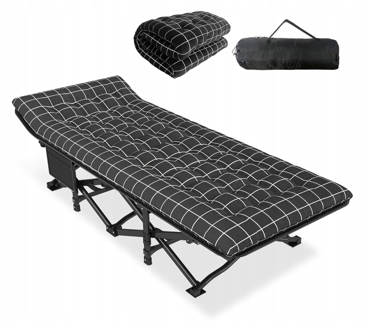 Łóżko kempingowe Atorpok Shop – składane, czarne, z materacem