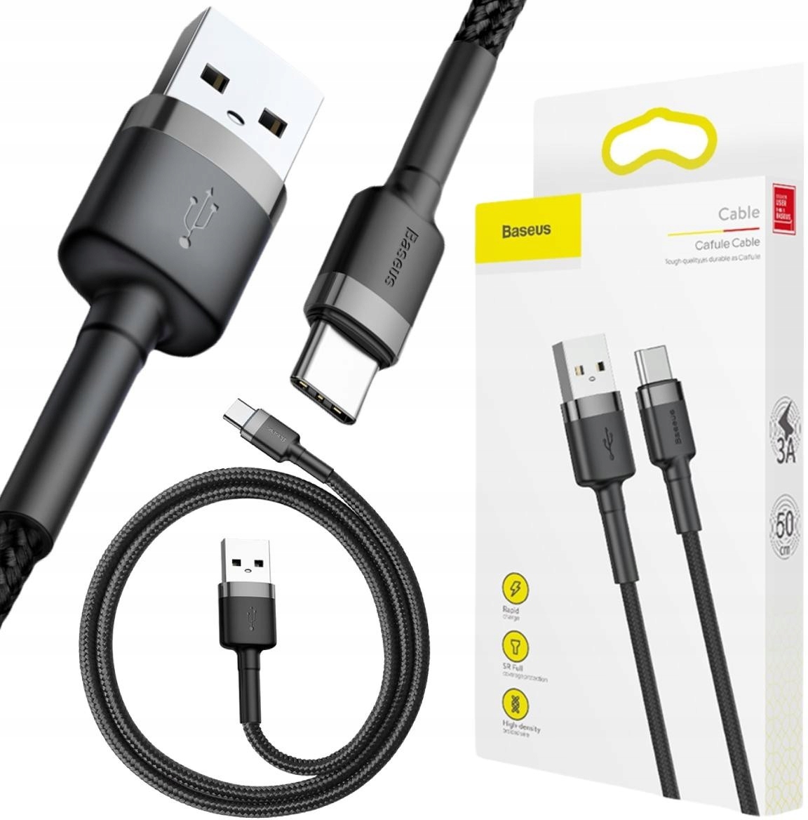 Kabel Usb-a Usb-c Baseus Cafule CATKLF-AG1 50cm 3A Qc 3.0 Czarno-szary W