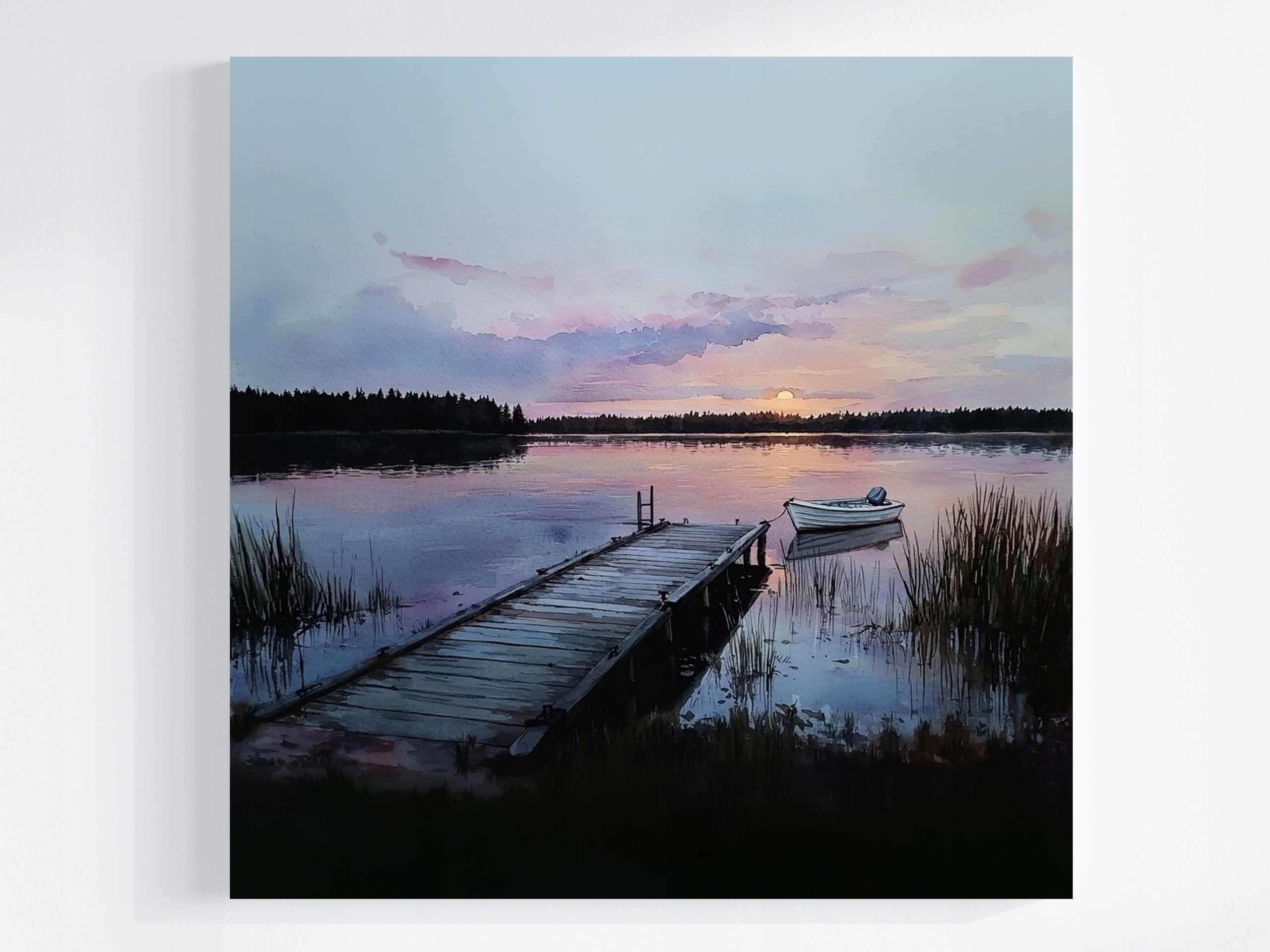 Obraz Na Plátně Canvas Krajina Jezero Přístav Most Loďka Slunce 80x80