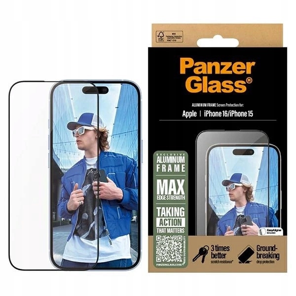 Tvrzené sklo pro iPhone 16 – PanzerGlass Screen Protector s hliníkovým rámem