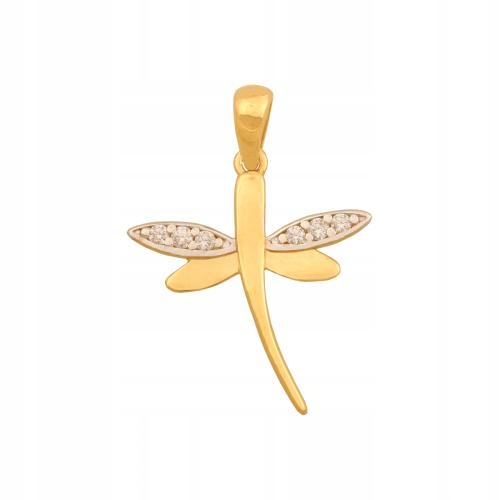 Přívěsek Zlatý 585 vážka s bílými zirkony a plným zadním dílem