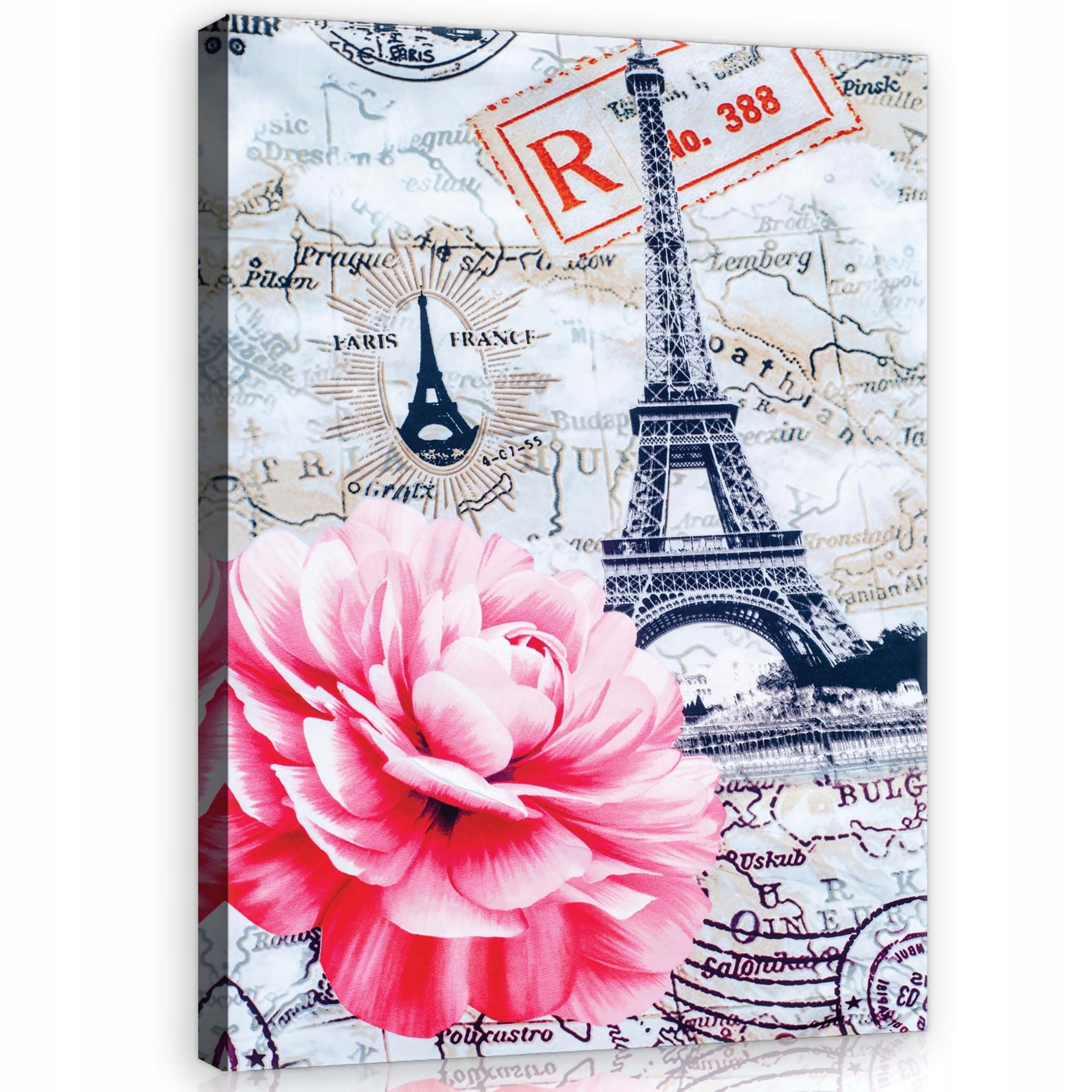 Obraz 60x80 Paříž Eiffelova věž květiny cestování mapa vintage romantická