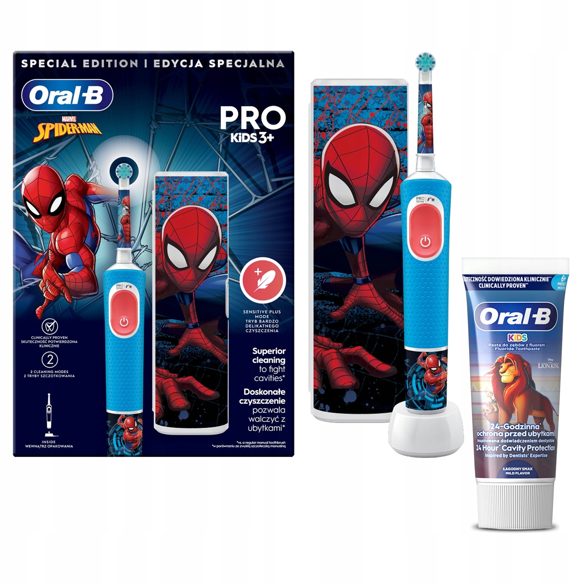 Oral-B Pro Kids Spider-Man Szczoteczka elektryczna z etui pasta do zębów