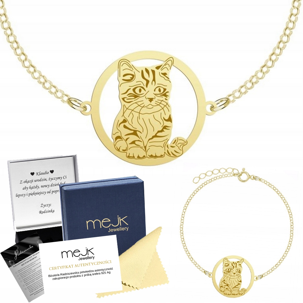Zlatý náramek s kočkou Munchkin 925 Řetízek Šperky Dárek Gravírování