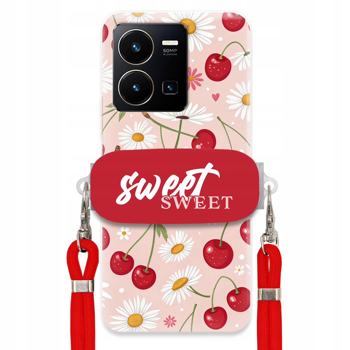 Puzdro pre Vivo Y35 4G Červené vodítko držiak Sweet Sweet Čerešňa a sedmokráska