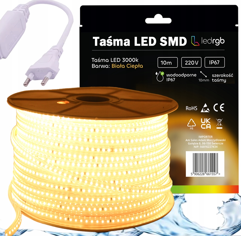Zestaw Taśma Led Smd 220V 230V 10m 3000K Biała Ciepła Zasilacz IP67 120/m
