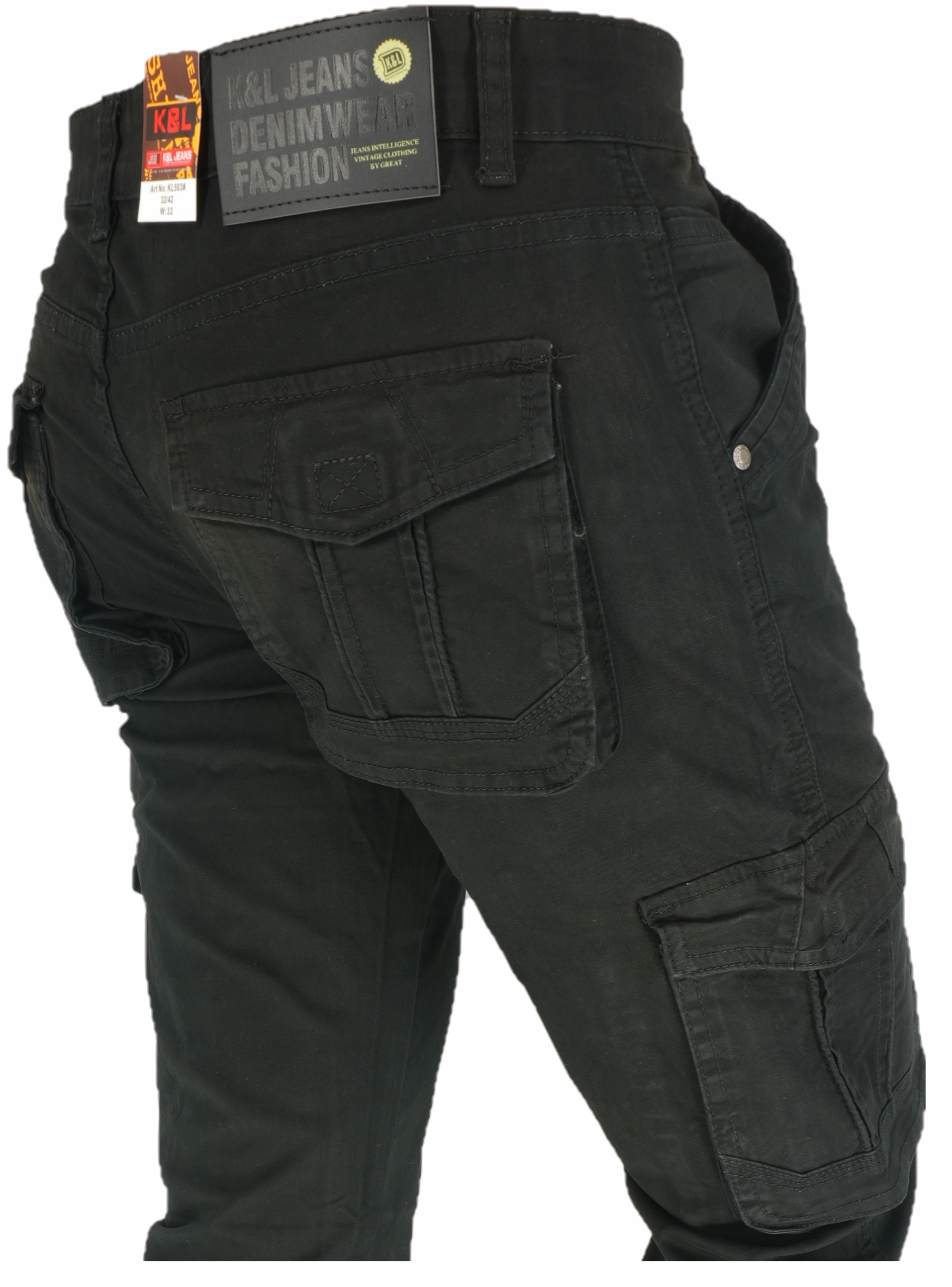 Bojówka Męska Spodnie Czarne z kieszeniami Prosta długa szeroka nogawka W37