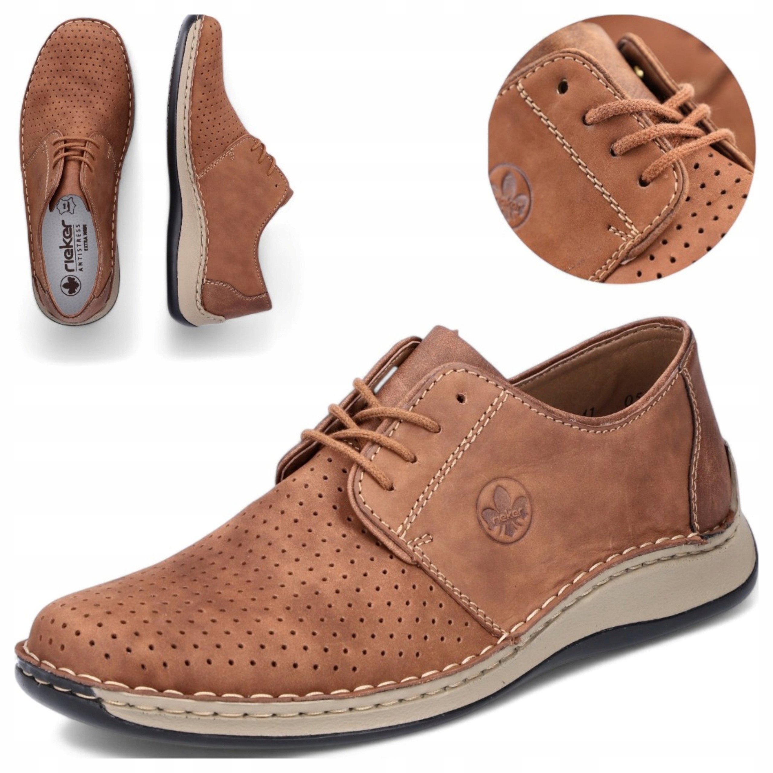 Rieker 41 Pánské kožené šněrovací boty Jaro Léto Ažurové Módní Hnědé