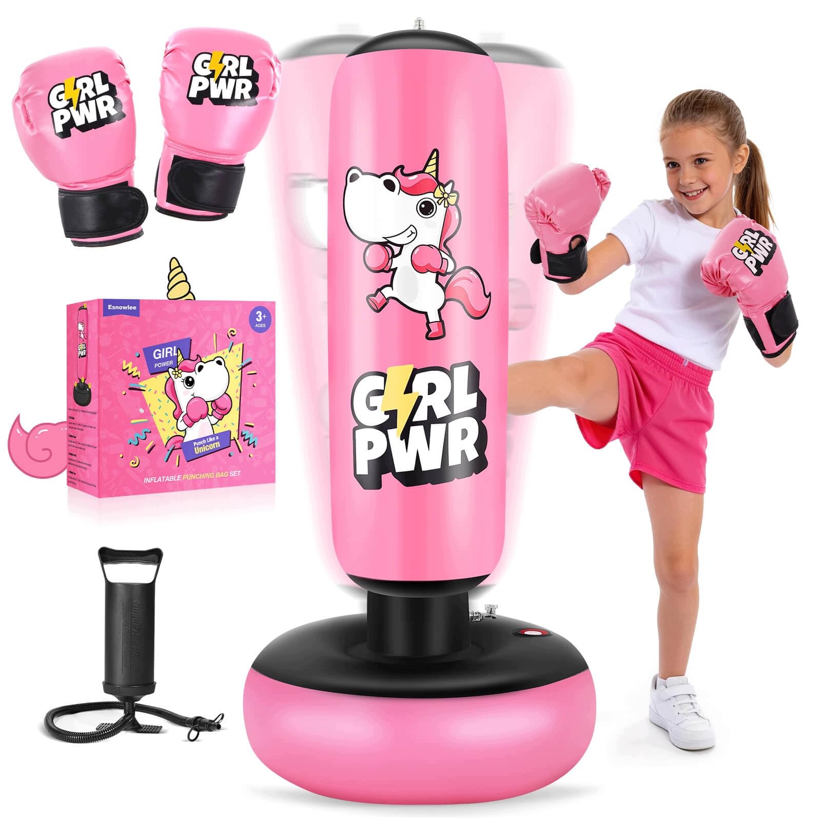 Dětský Boxovací Pytel 167,6 CM Jednorožec Rukavice Pumpa Růžová