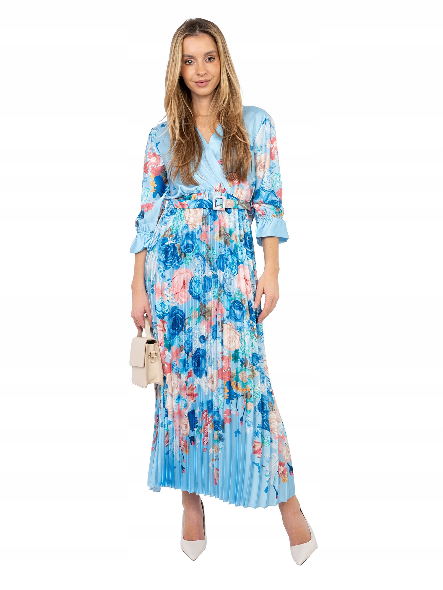 Sukienka Satynowa Rozkloszowana Maxi Damska z plasowanym dołem