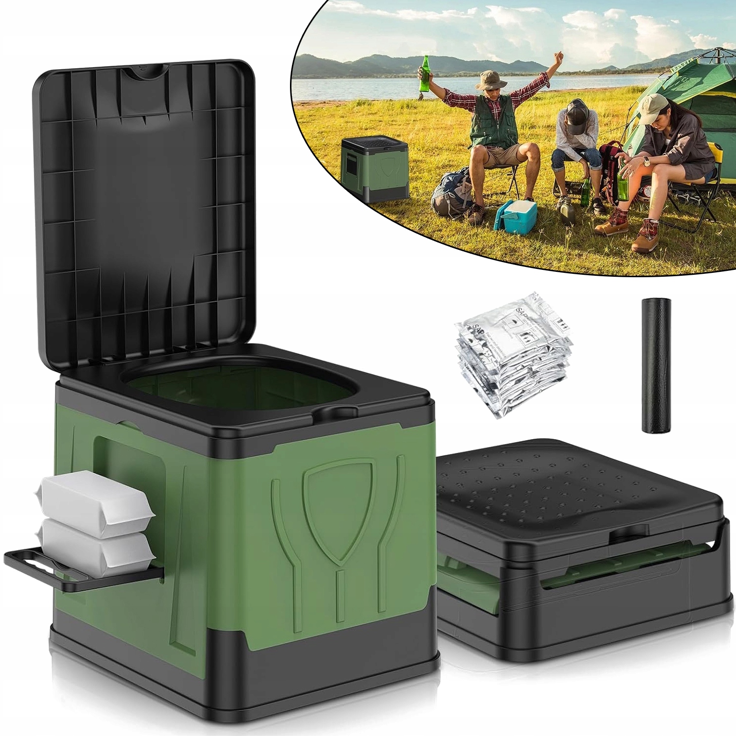 Skládací Toaleta S 12 Sáčky A Tužidlem Pro Kempování, 30 L, Nosnost 150 Kg