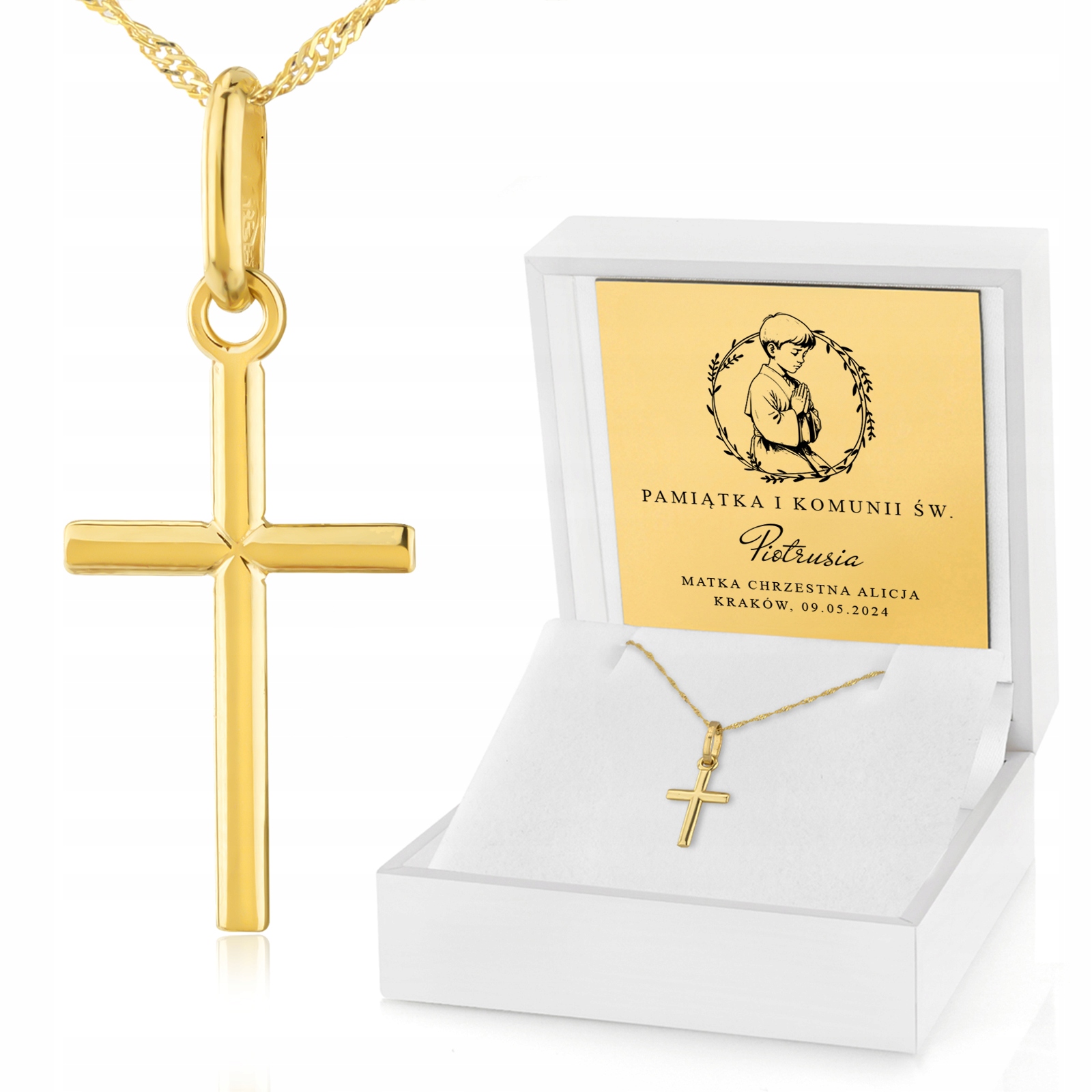 Złoty Łańcuszek Krzyżyk Prezent Komunia Pamiątka Komunii Świętej + Grawer