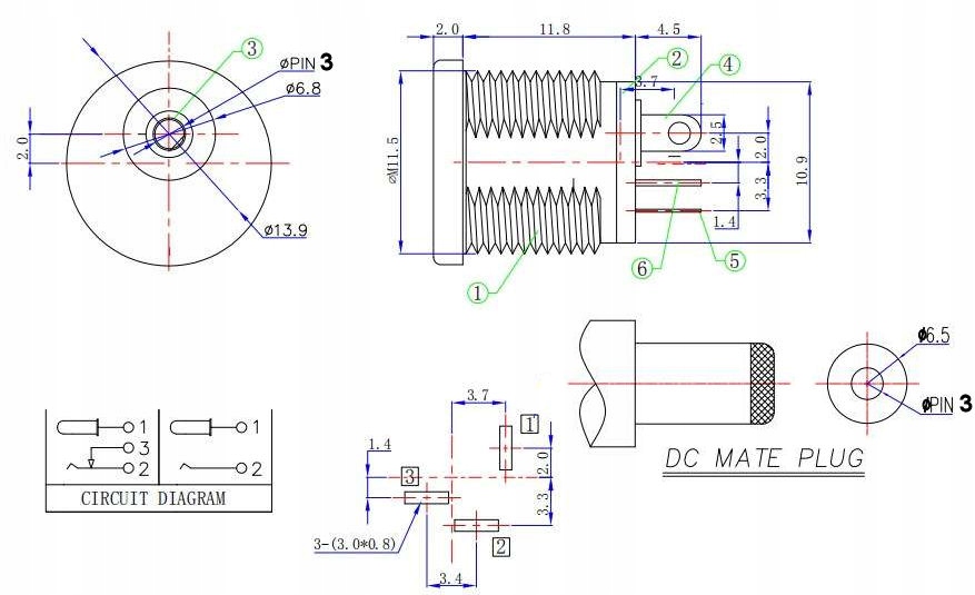 Konektor Gniazdo DC 6,5mm x 3mm złącze okrągłe Model FDC65mm3