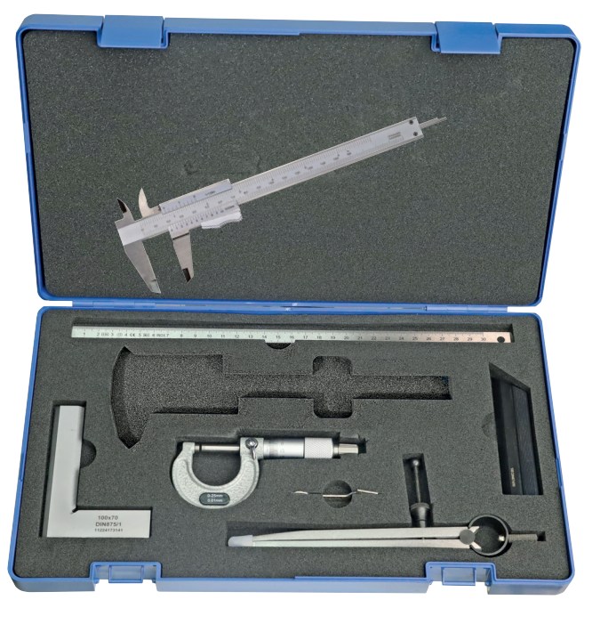 Sada Měřicích Nástrojů 6 Ks Mirkometr 0-25 Úhelník Linka Posuvník