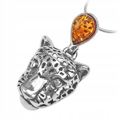 Stříbrný Přívěsek kočka tygr pantera z baltský jantar stříbro 925 Řetízek