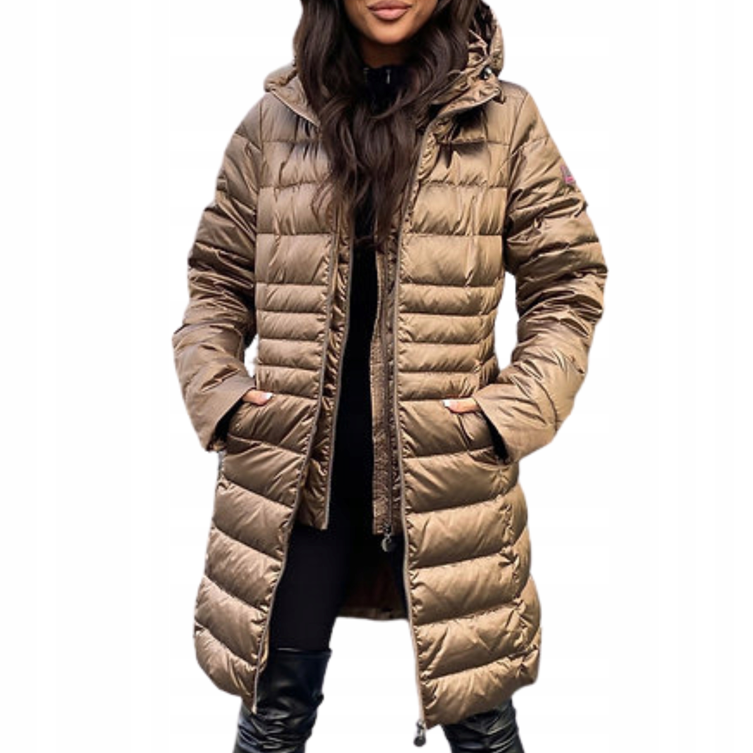 Dámský prošívaný péřový kabát Premium zateplená bunda hnědá 42 XL