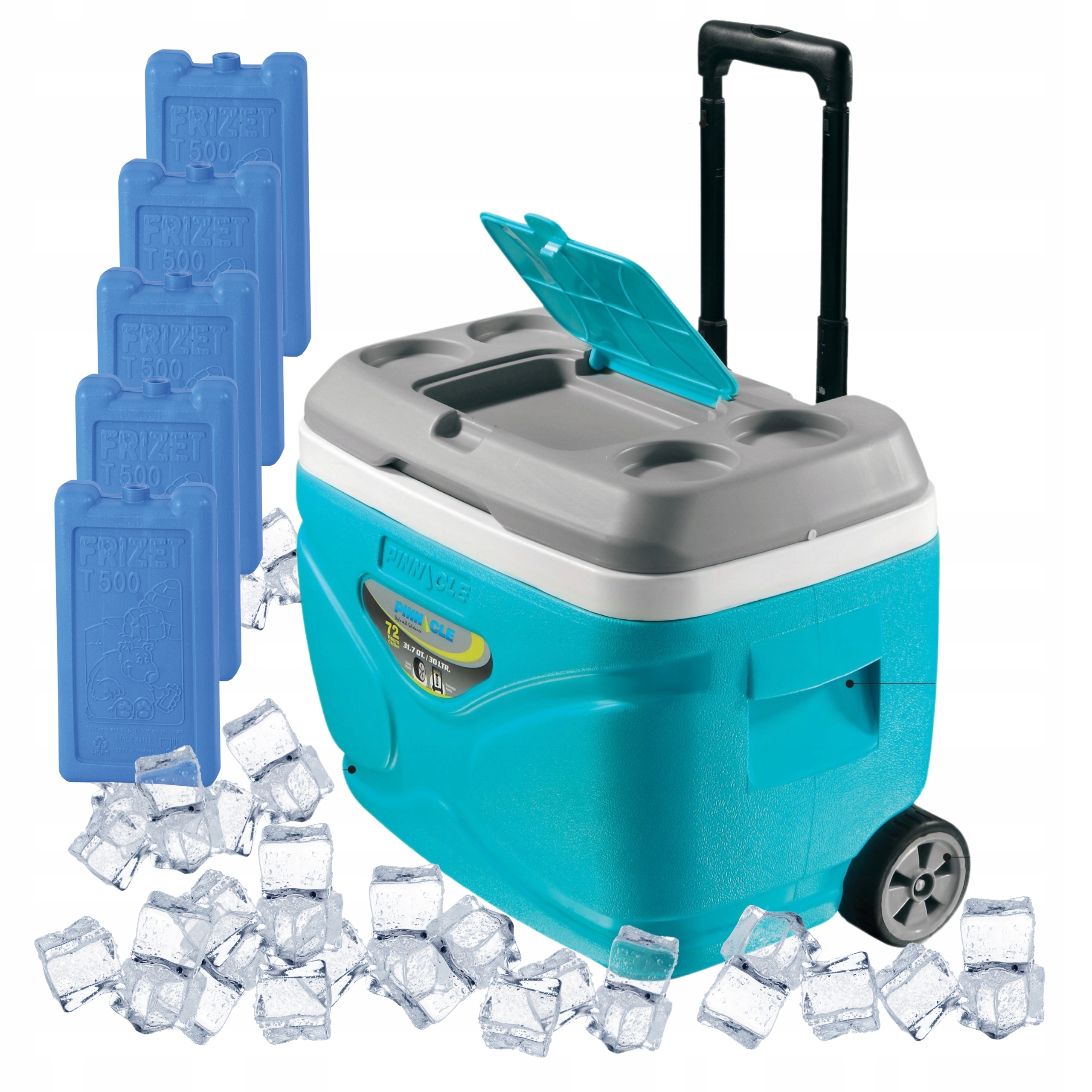 Turistická lednička na kolečkách tyrkysová Pinnacle 30 l 5 náplní 500 ml