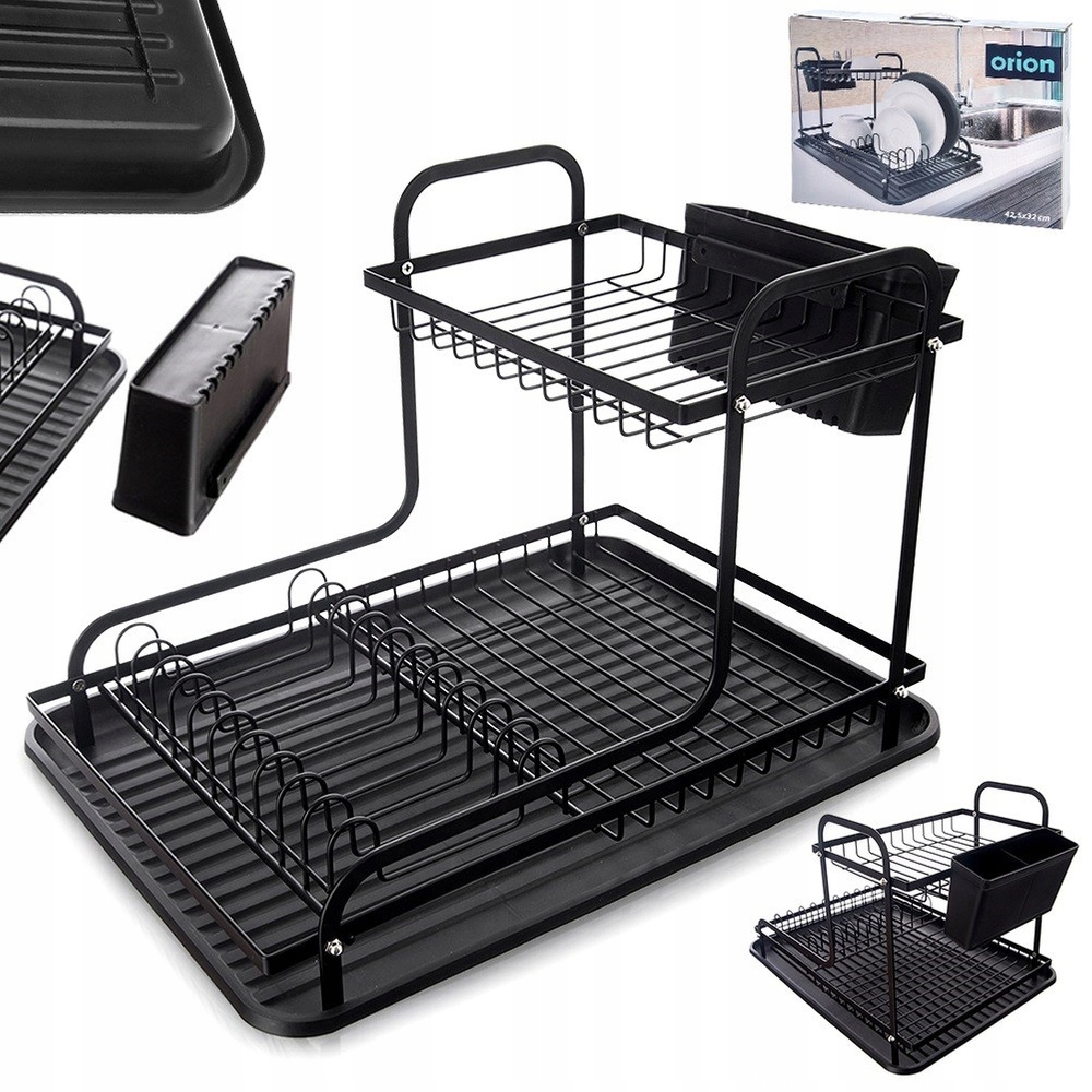 Levně Černý sušák na nádobí Radka se 2 úrovněmi 42,5x32x29 cm