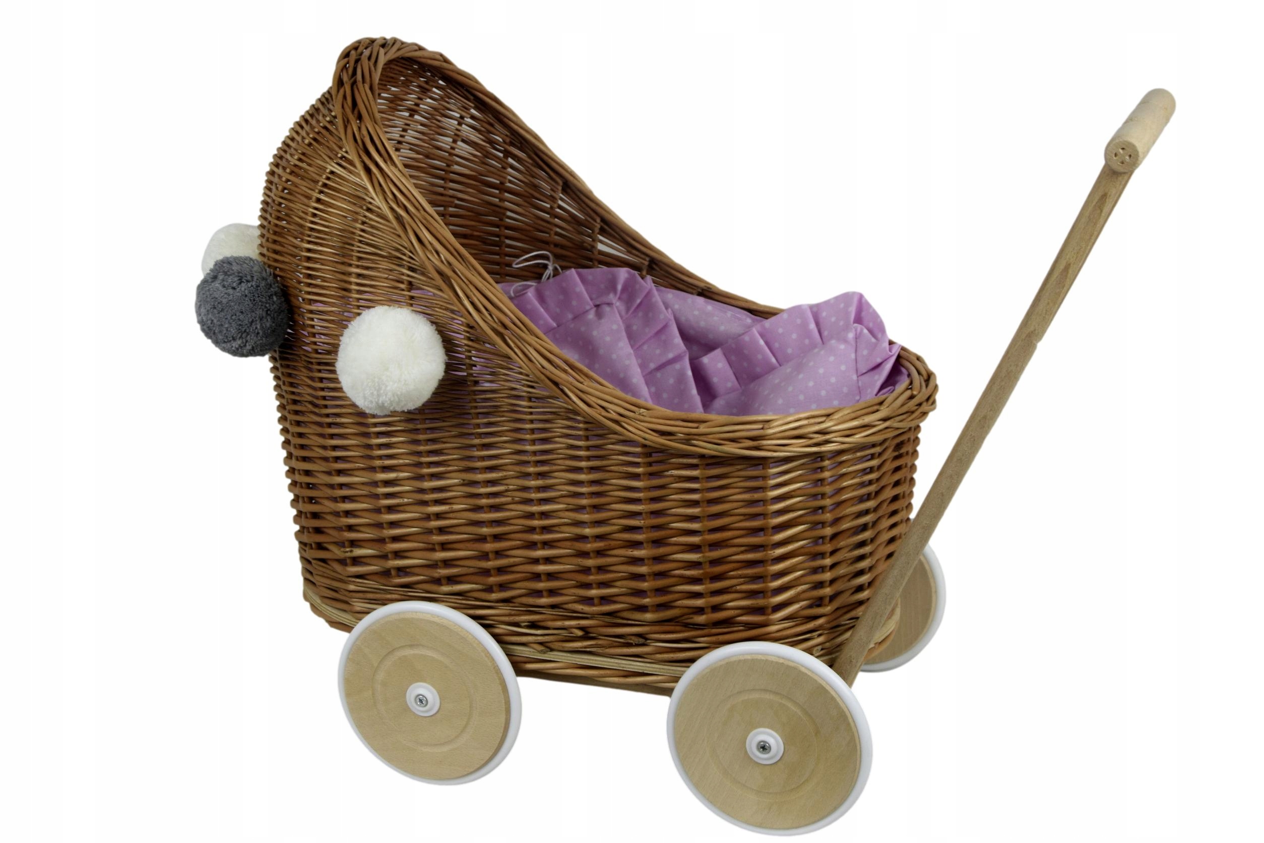 Wiklinowy wózek dla lalek niski z pościelą pompony