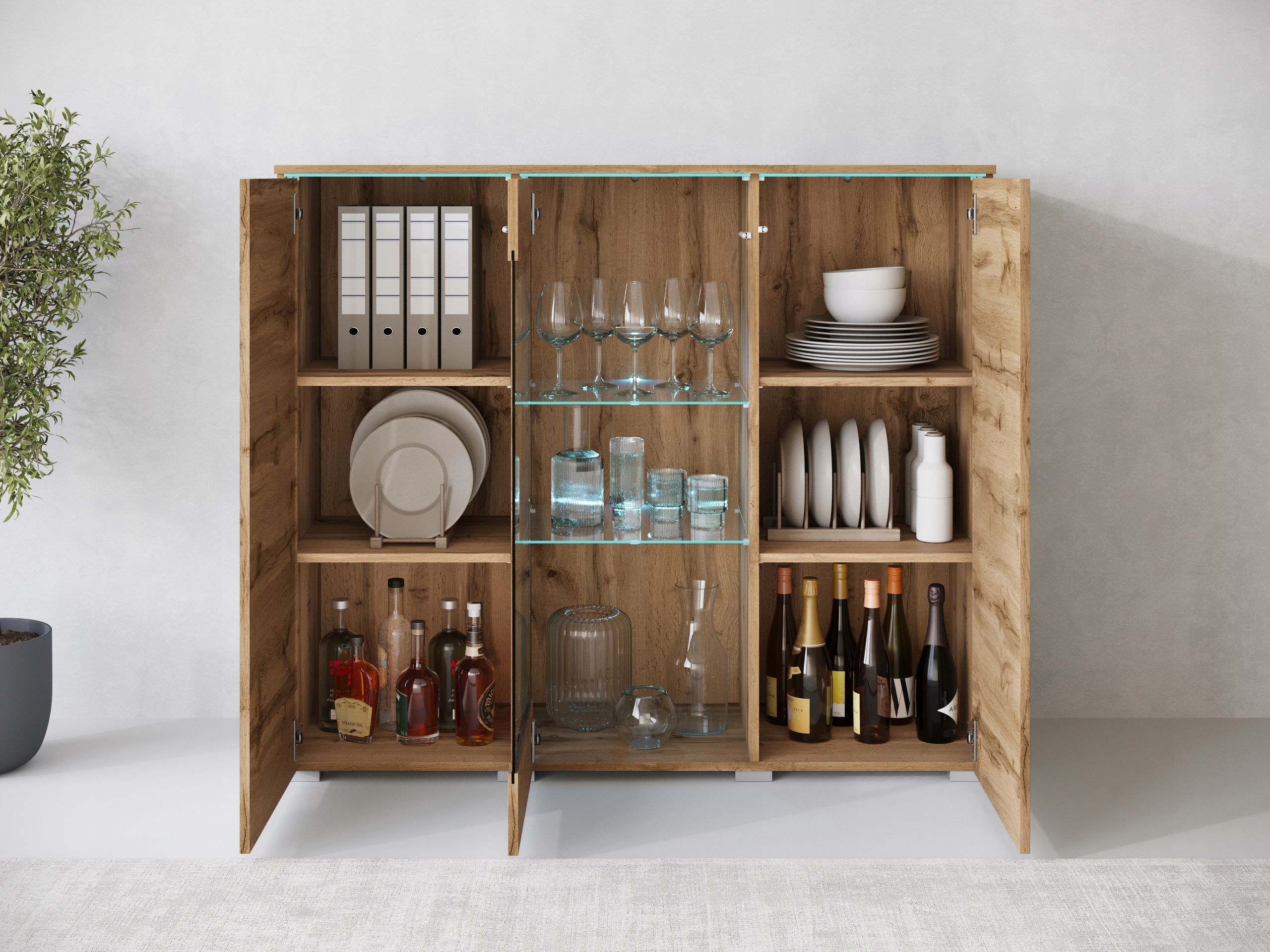 Nowoczesna szeroka witryna, highboard, komoda VERA 120 cm, szklane półki