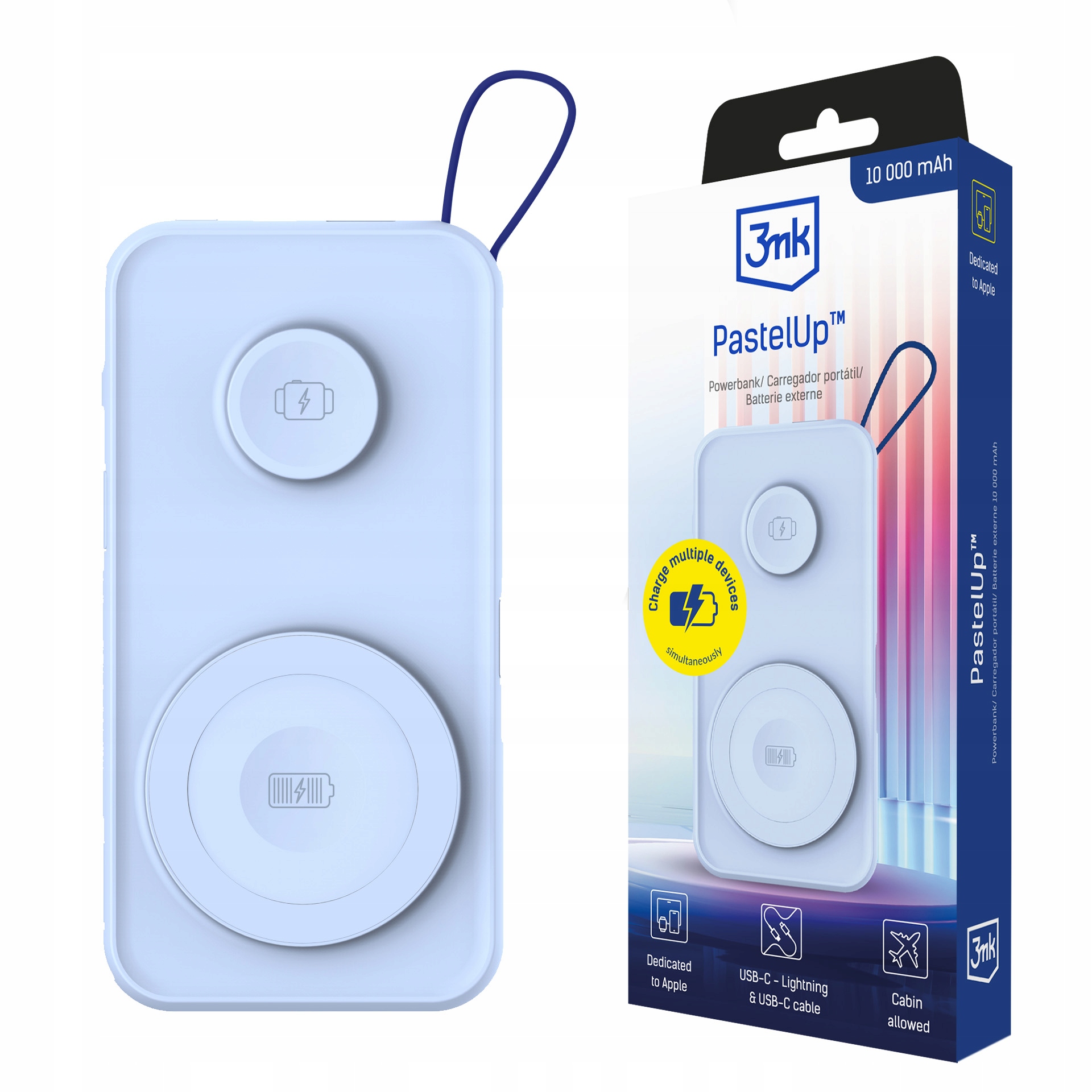 Modrá Powerbanka 3mk PastelUp 10,000mAh Qi 22.5W kabel USB-C/Lightning
