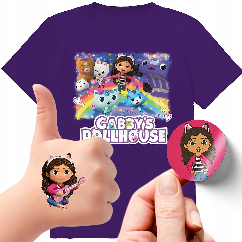 ZESTAW 3W1 KOSZULKA DLA DZIECI TATUAŻE NAKLEJKI KOCI DOMEK GABI 104 JAKOŚĆ