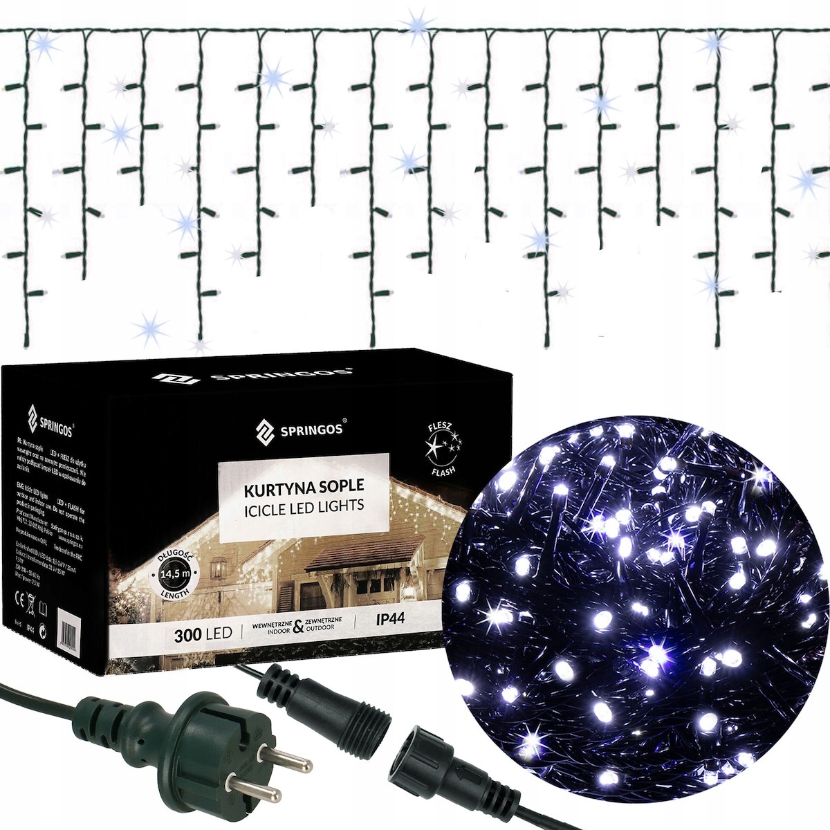 

Kurtyna Świetlna 300LED Zimne+flash Sople Girlanda