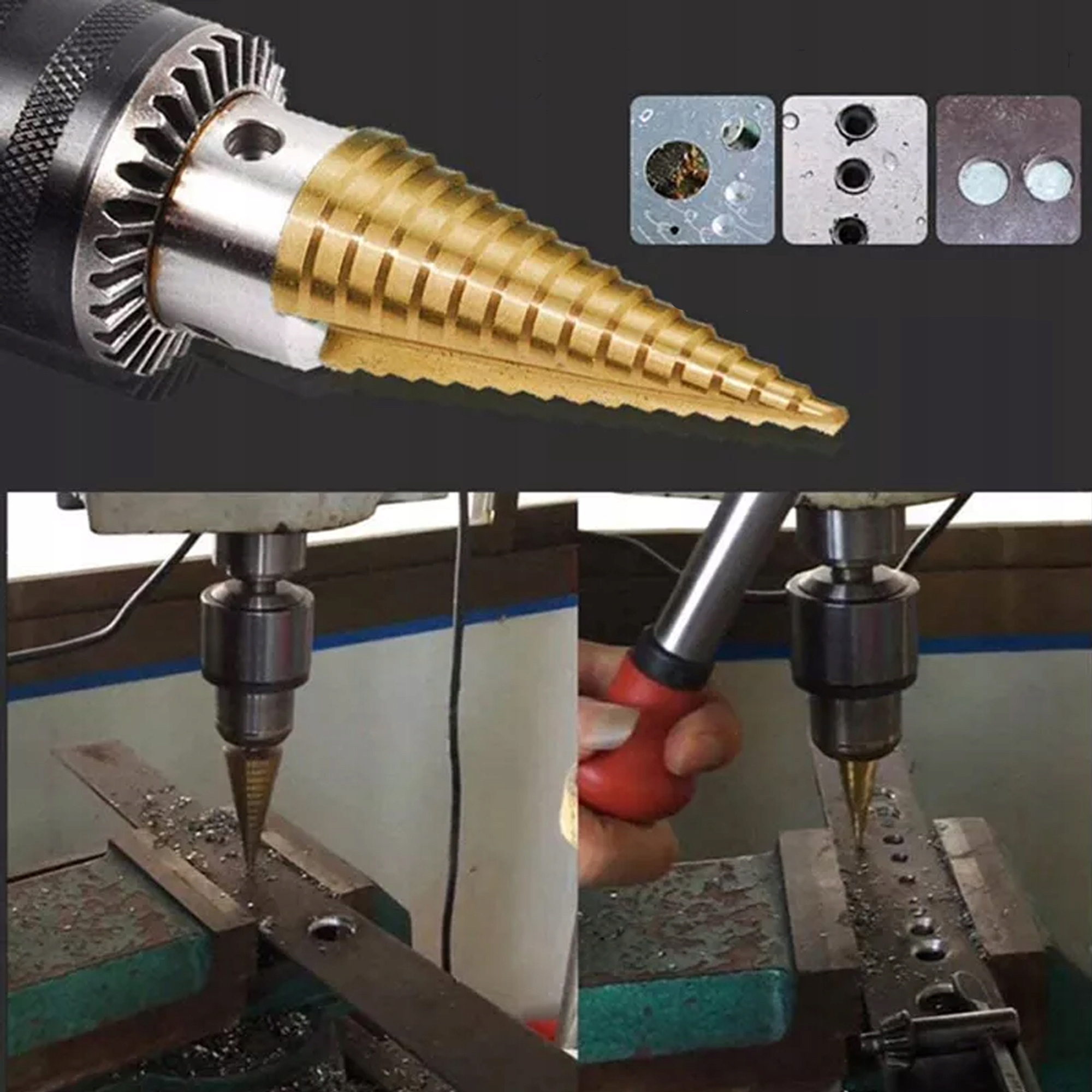 WIERTŁA STOŻKOWE STOPNIOWE DO METALU DREWNA PLASTIKU BLACH 4-39 MM HEX Zastosowanie do blach do metalu