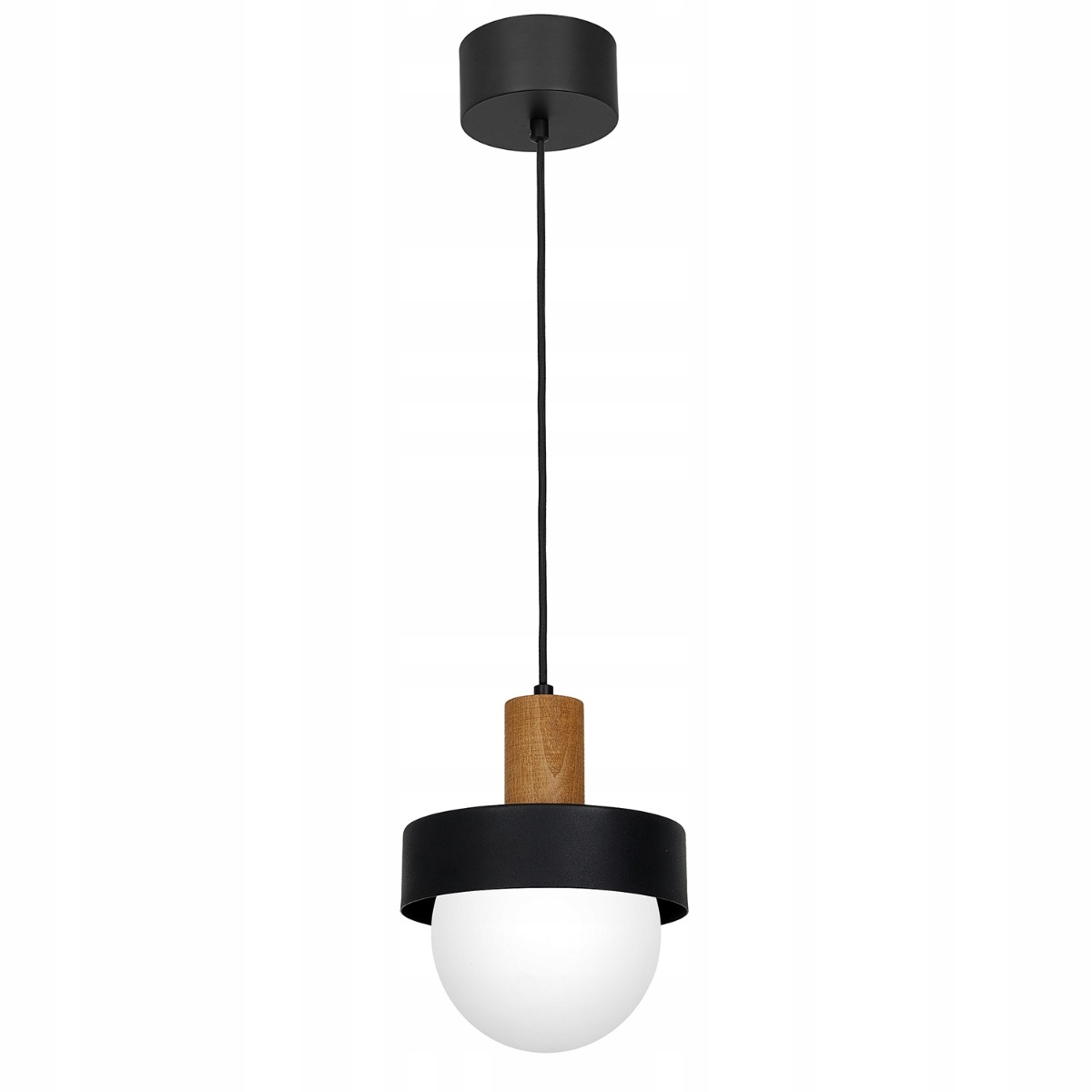 Závesná lampa čierna drevená sklenená biela guľa okrúhla 20 cm Luminex