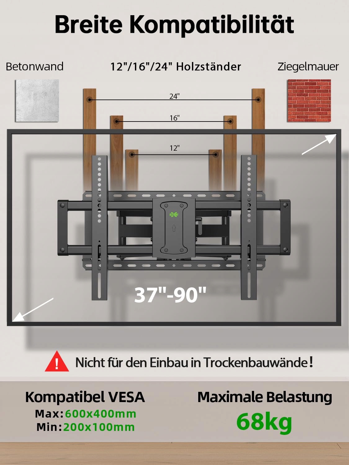 USX-MOUNT Uchwyt TV Do 37-90 Cal Neigany Obrotowy Max VESA 600x400 68kg — miniatura 6