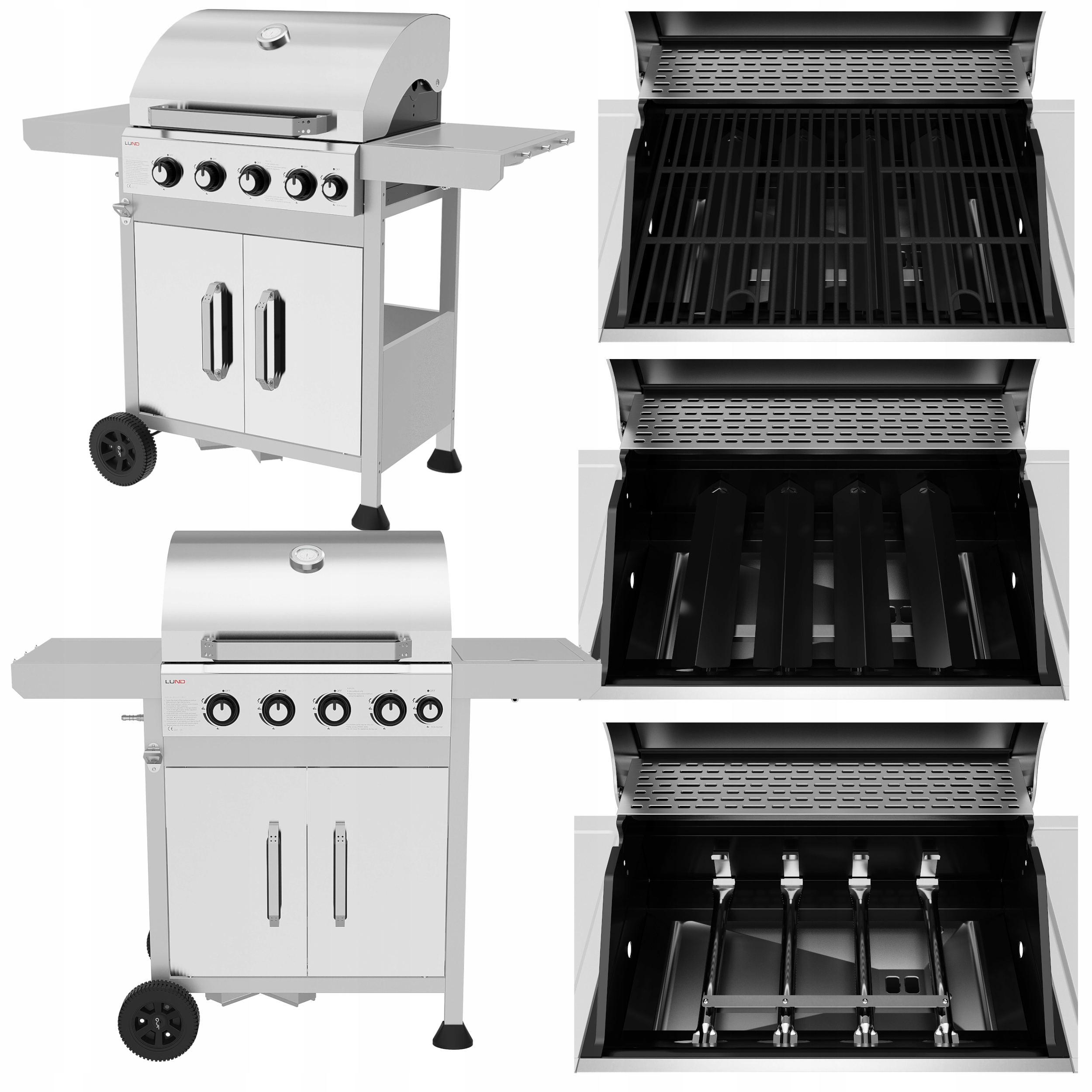 Grill Gazowy Ogrodowy 4+1 Żeliwny Ruszt 60 × 42 CM 14,5KW Stal Nierdz. Lund