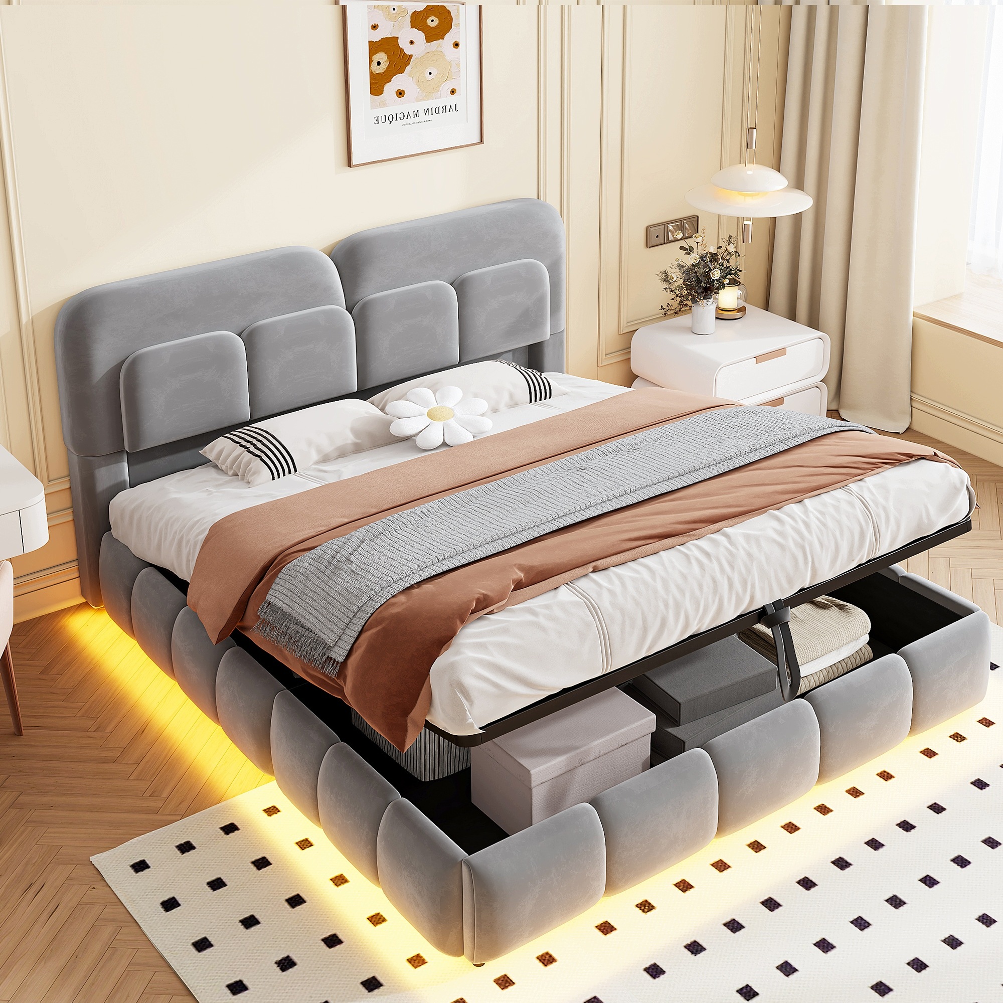 Łóżko Tapicerowane 140x200 Led Pojemnik Hydrauliczny Welur Szare