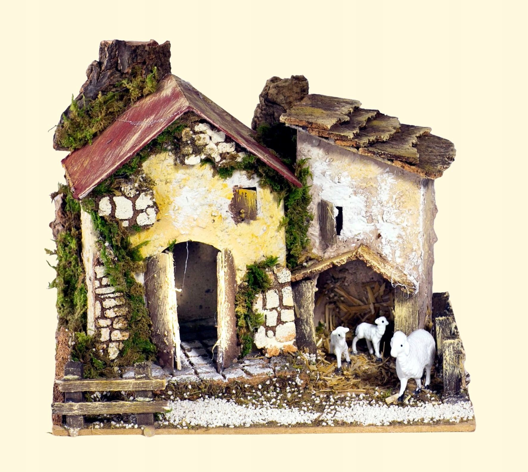 Domeček s oborou a ovcemi, pro dekoraci Betlémů, 20 x 14 x 16 cm