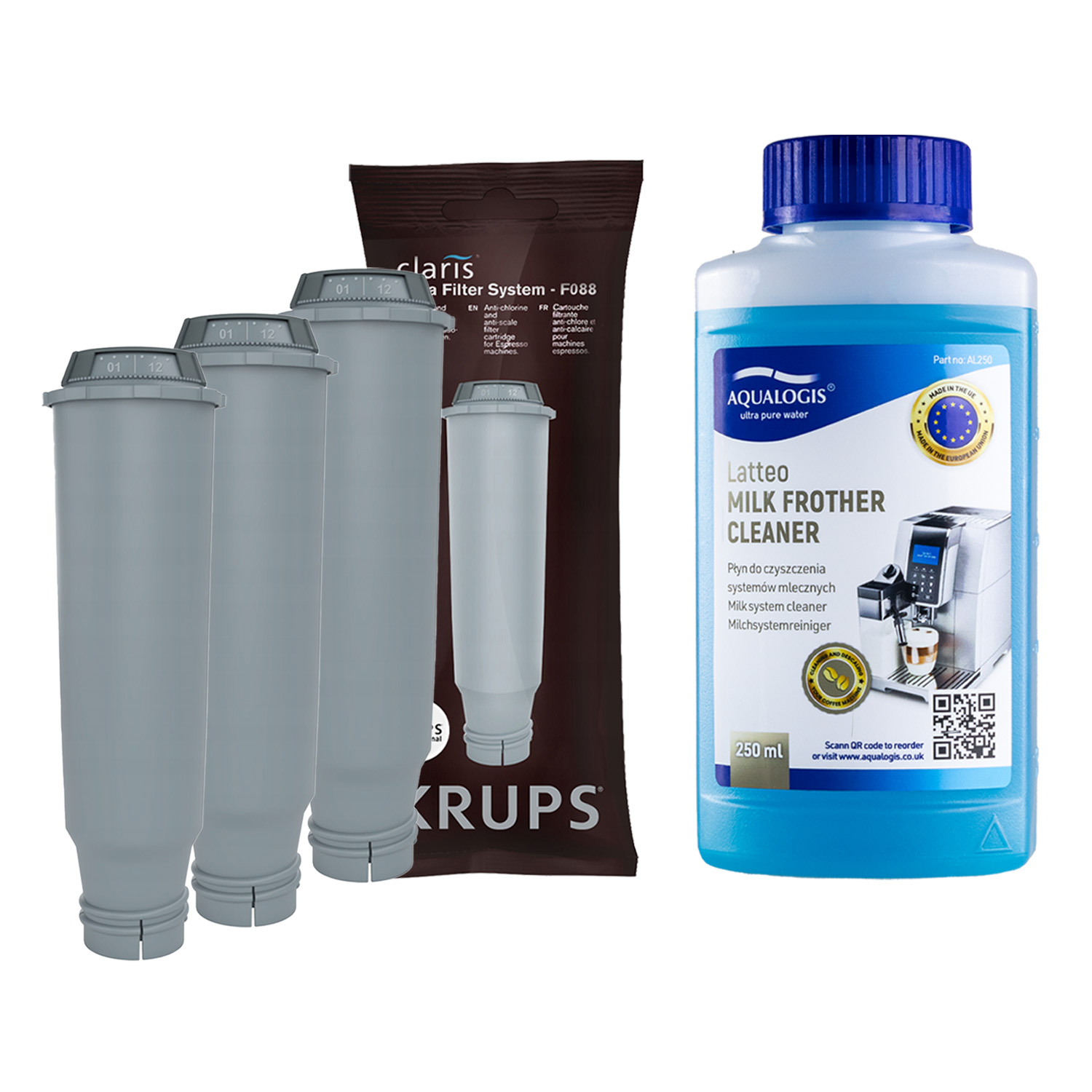 3x Filtr vody do kávovaru Krups F08801 čisticí kapalina Latteo 250 ml