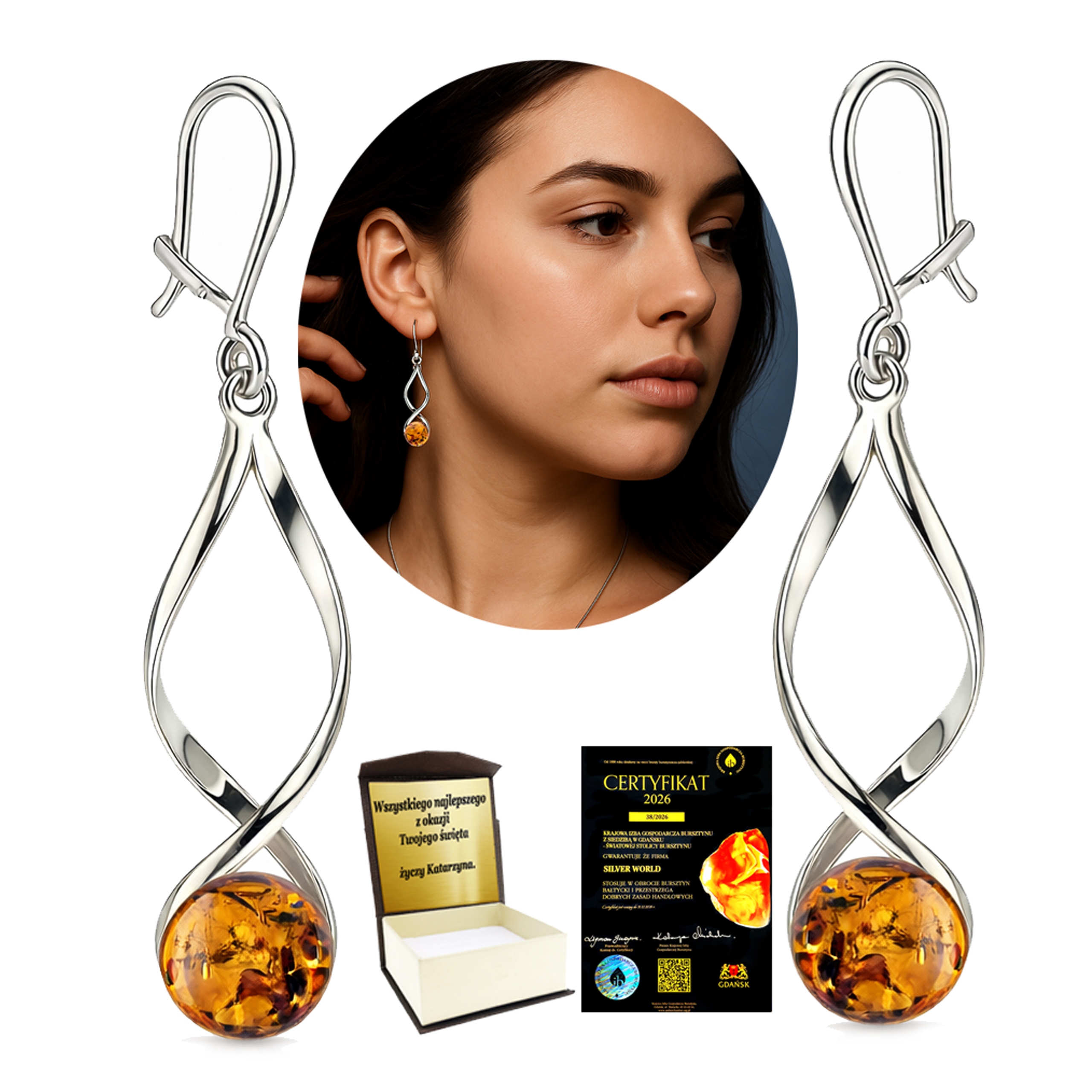 Stříbrné Náušnice S Jantarem 925 Dlouhé Závěsné Kuličky Na Dárek Gravírování