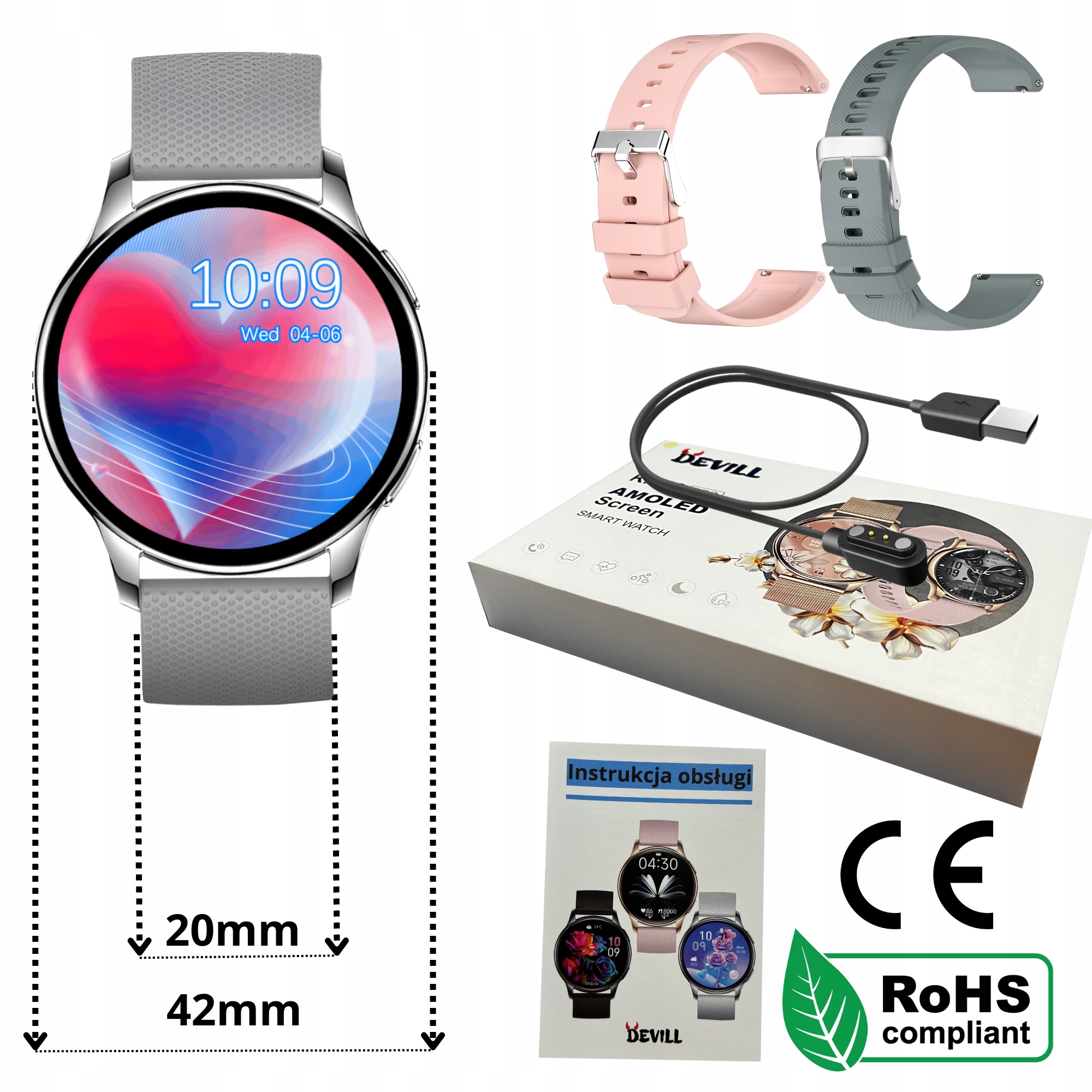 SMARTWATCH DAMSKI ZEGAREK ROZMOWY PL MENU SPORT SMART WATCH AMOLED 2 PASKI Lokalizator GPS nie