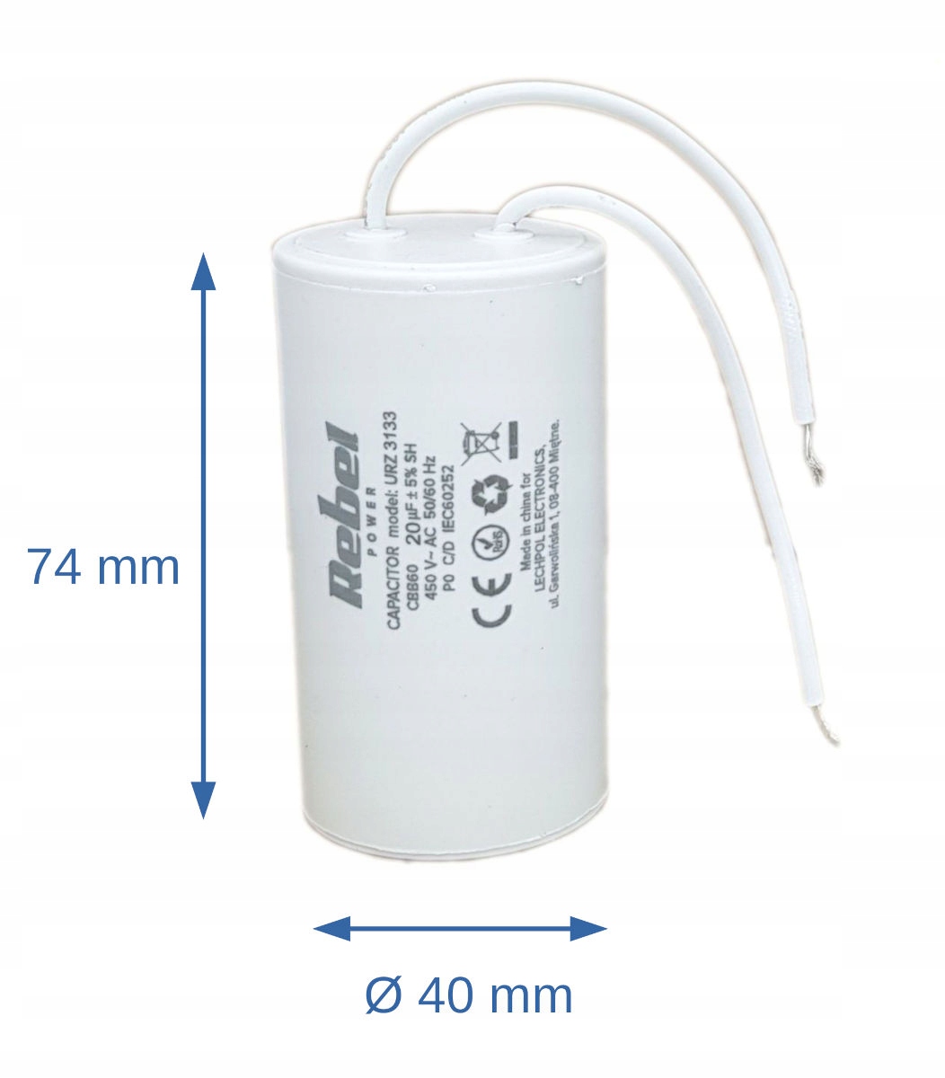 Kondensator rozruchowy silnika 20uF 450V CBB60 Rebel Kod producenta Rebel URZ3129 CBB60 20uF