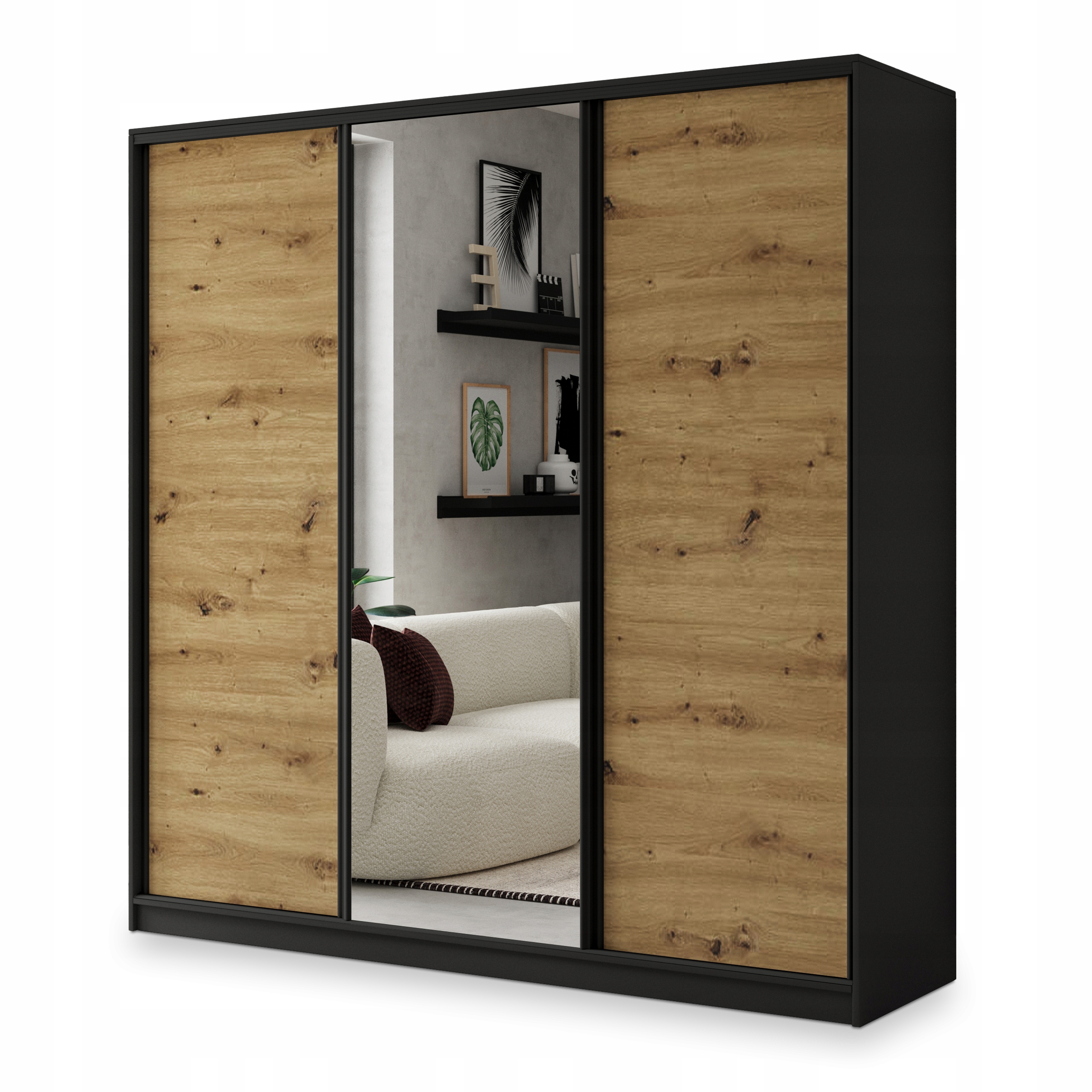 Skříň Sore 200 cm se zrcadlem Zásuvky Police Černá Dub Artisan