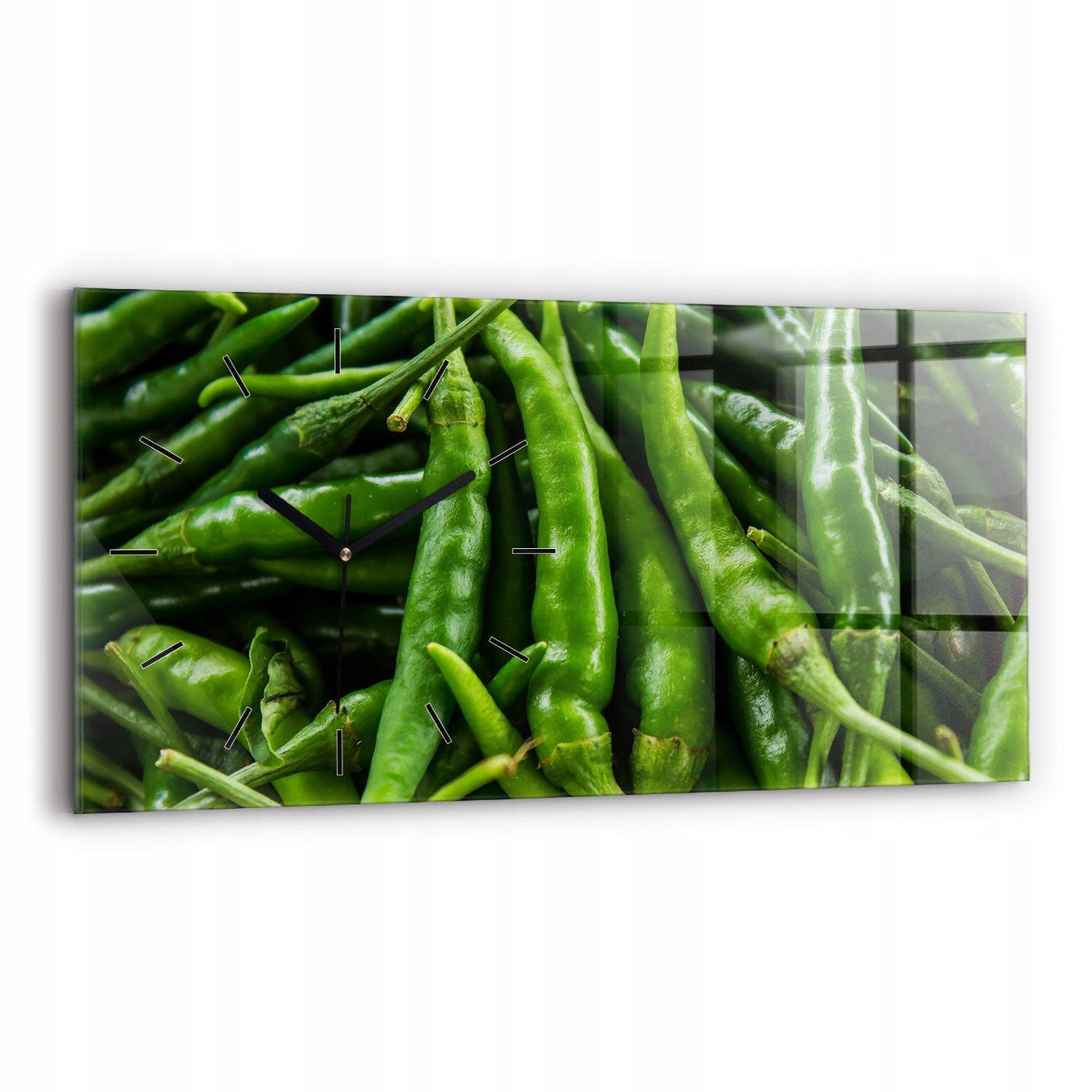 Moderní skleněný nástěnný hodinový stroj s grafikou 60 cm x 30 cm Zelená paprika