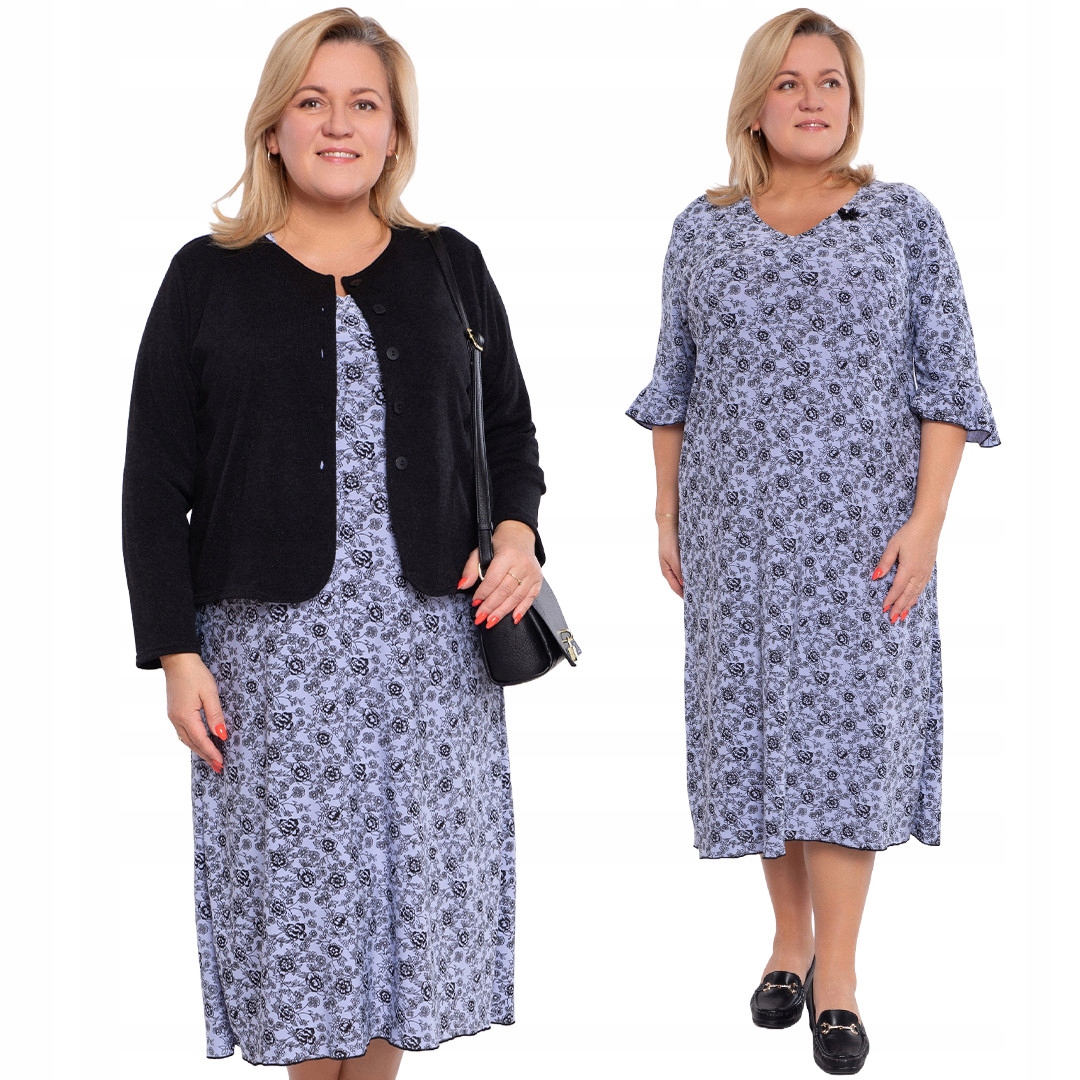 Modrá šaty s černými květy 56/58