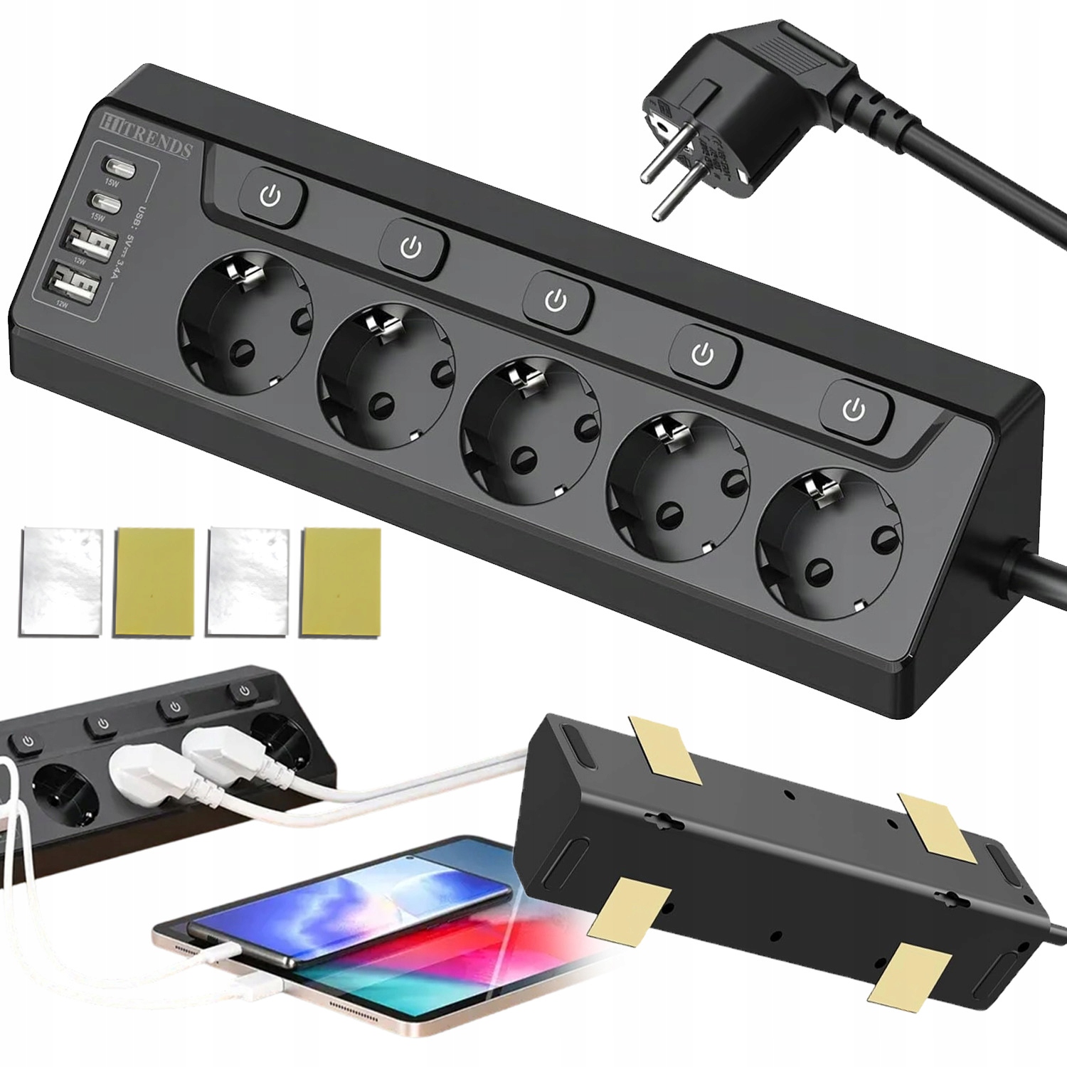 Zásuvková Lišta 4XAC 2X Usb-a 2X Usb-c Vypínač 2 M Černá