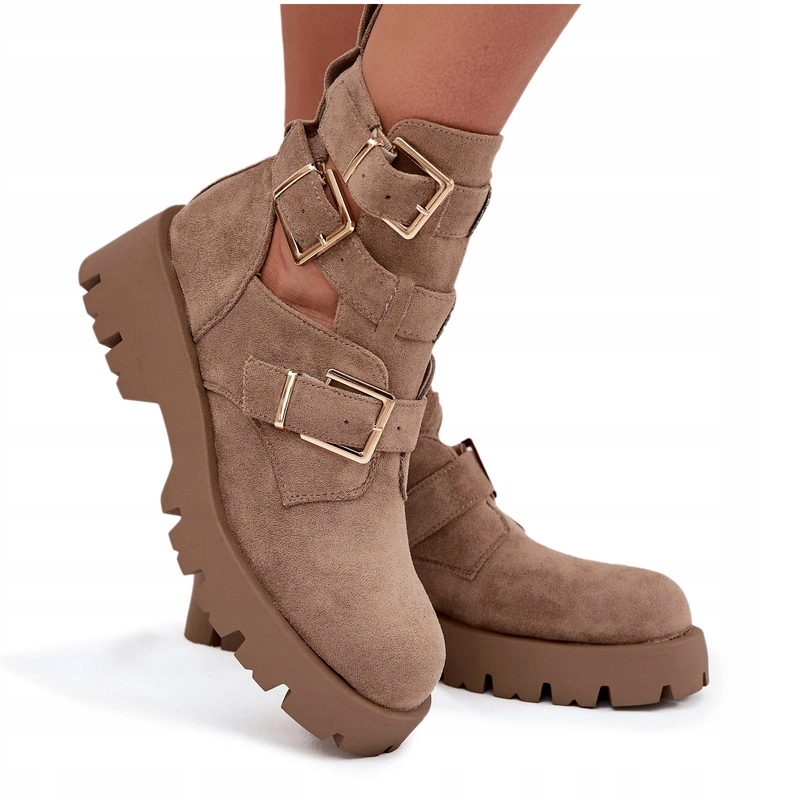 Dámské Kotníkové Boty Eko Semišové Pásky Zlaté Přezky Výřezy Béžové 36