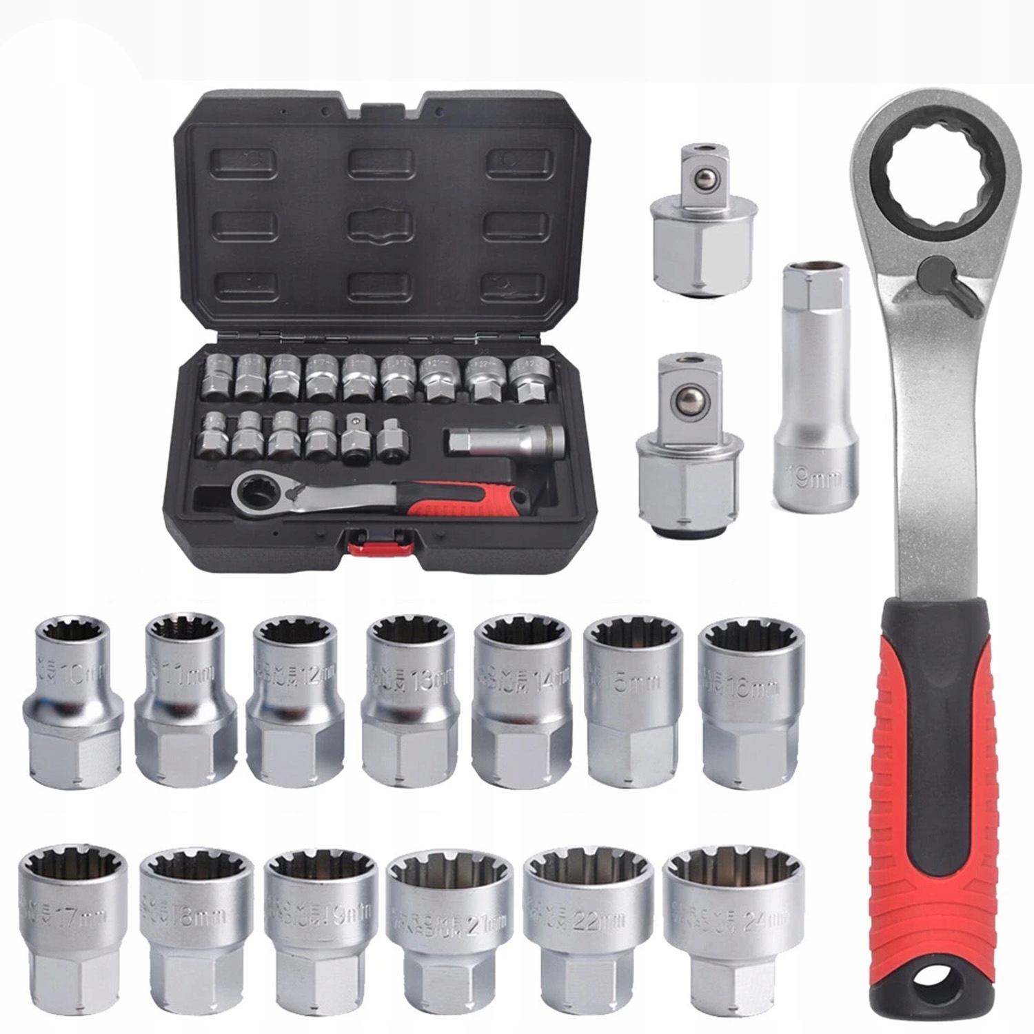 Sada Nástavců Spline Průchozí 1/2'' 3/8'' 17 Ks 10-24MM