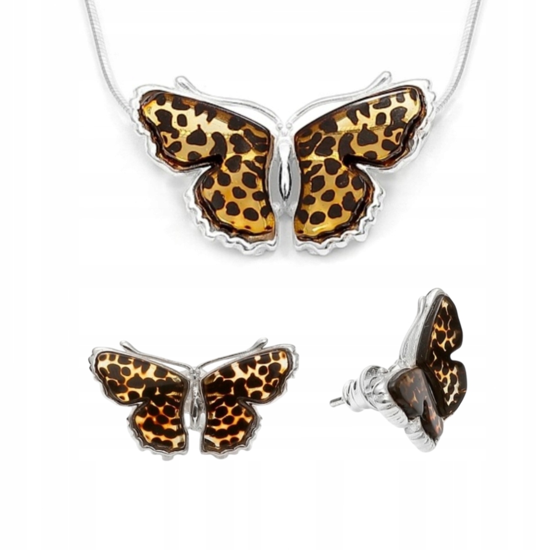 Motýl Stříbrný Komplet s Batyckým Jantarem náušnice, přívěsek řetízek 45 cm