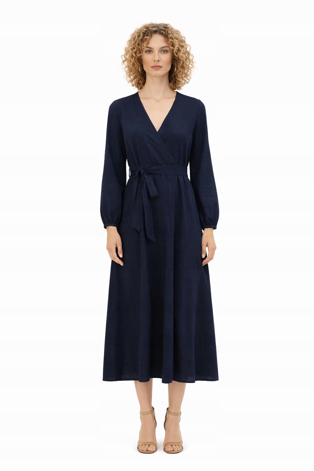 Tmavě Modré Šaty S Páskem A Dlouhým Rukávem, Velikost L 1I3A