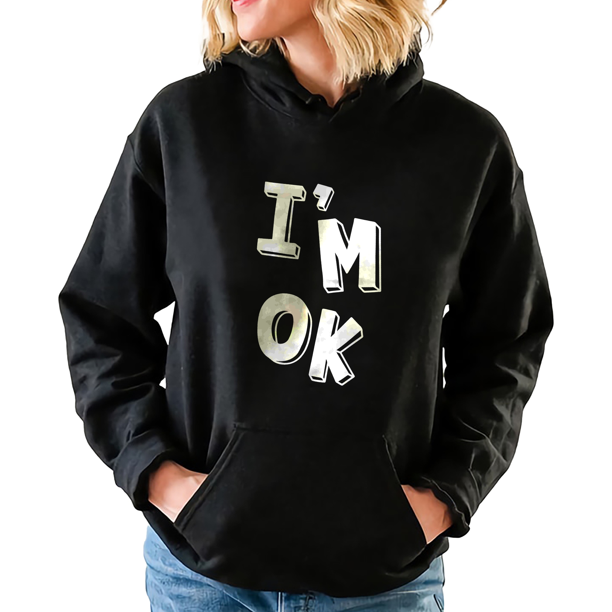 Mikina S Kapucí Černá I'M Ok Mix vzorů Velikost XL