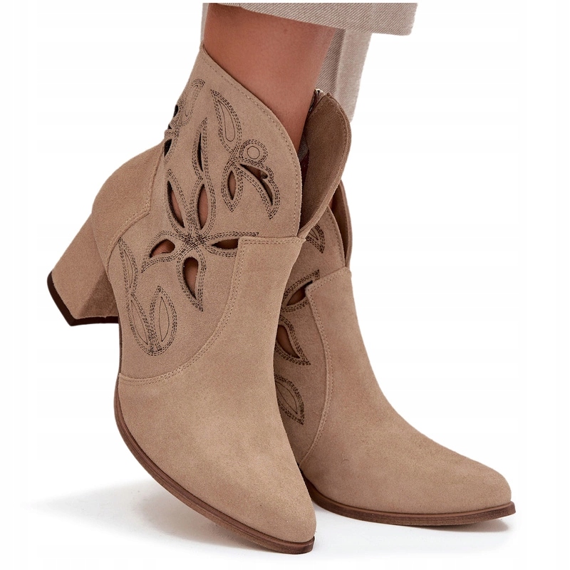 Dámské Kotníkové Boty Ažurové Semišové Sloupek Zazoo 3647 Béžové 39