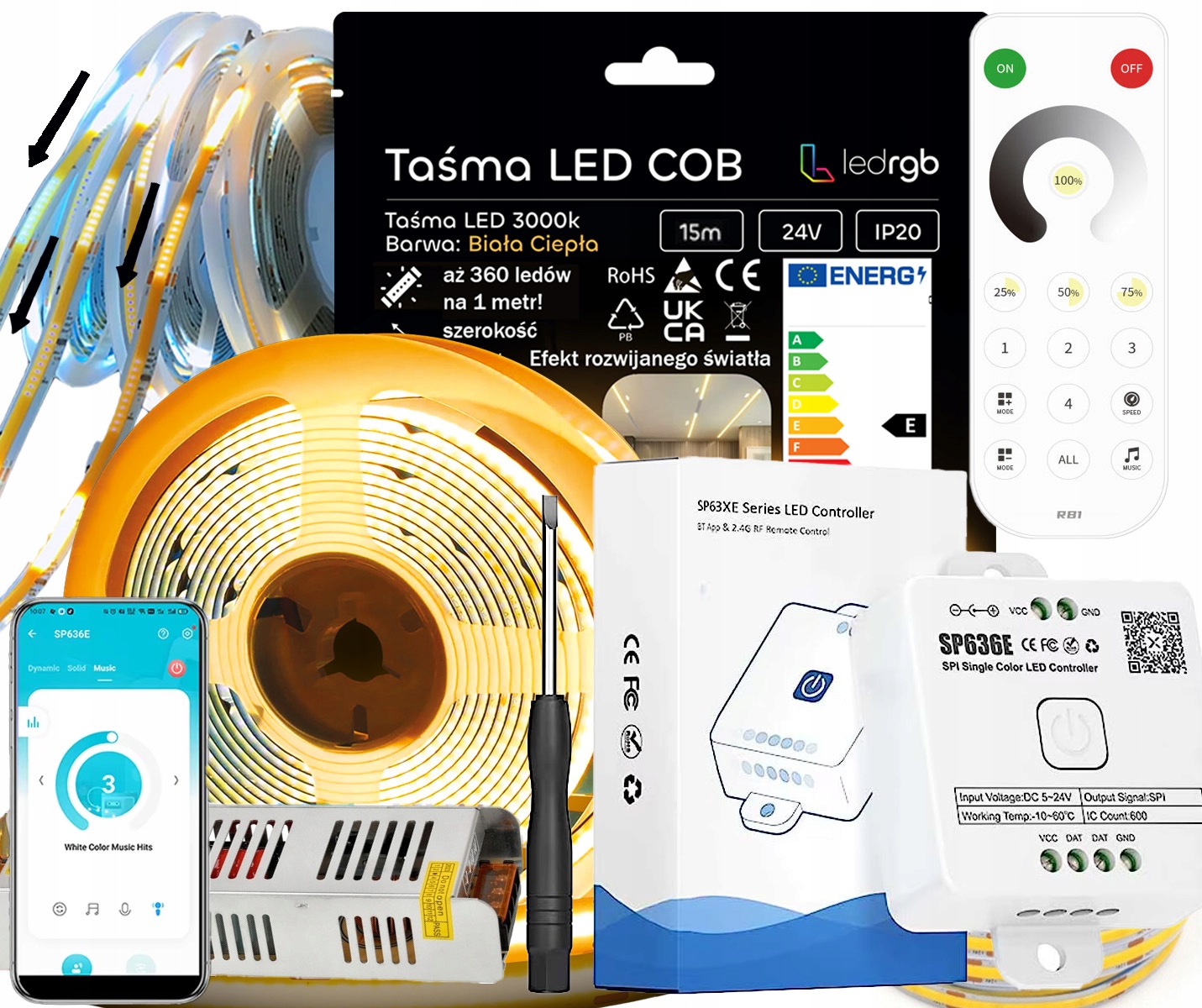 Set Led Páska 15 m (3x5) Bílá 3000 K Napájecí Zdroj Plovoucí Zónová Apka 24 V