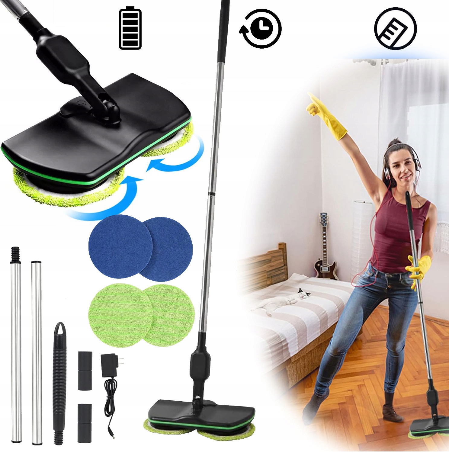Mop Elektryczny Bezprzewodowy 2W1 Akumulatorowy W Zestawie 4 Pady Zestaw