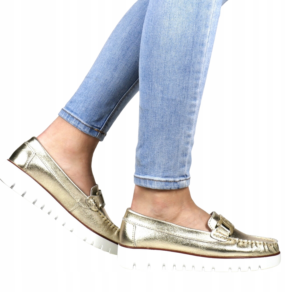 Zlaté Dámské Mokasíny Z Kůže, Bílá Podrážka, Velikost 38